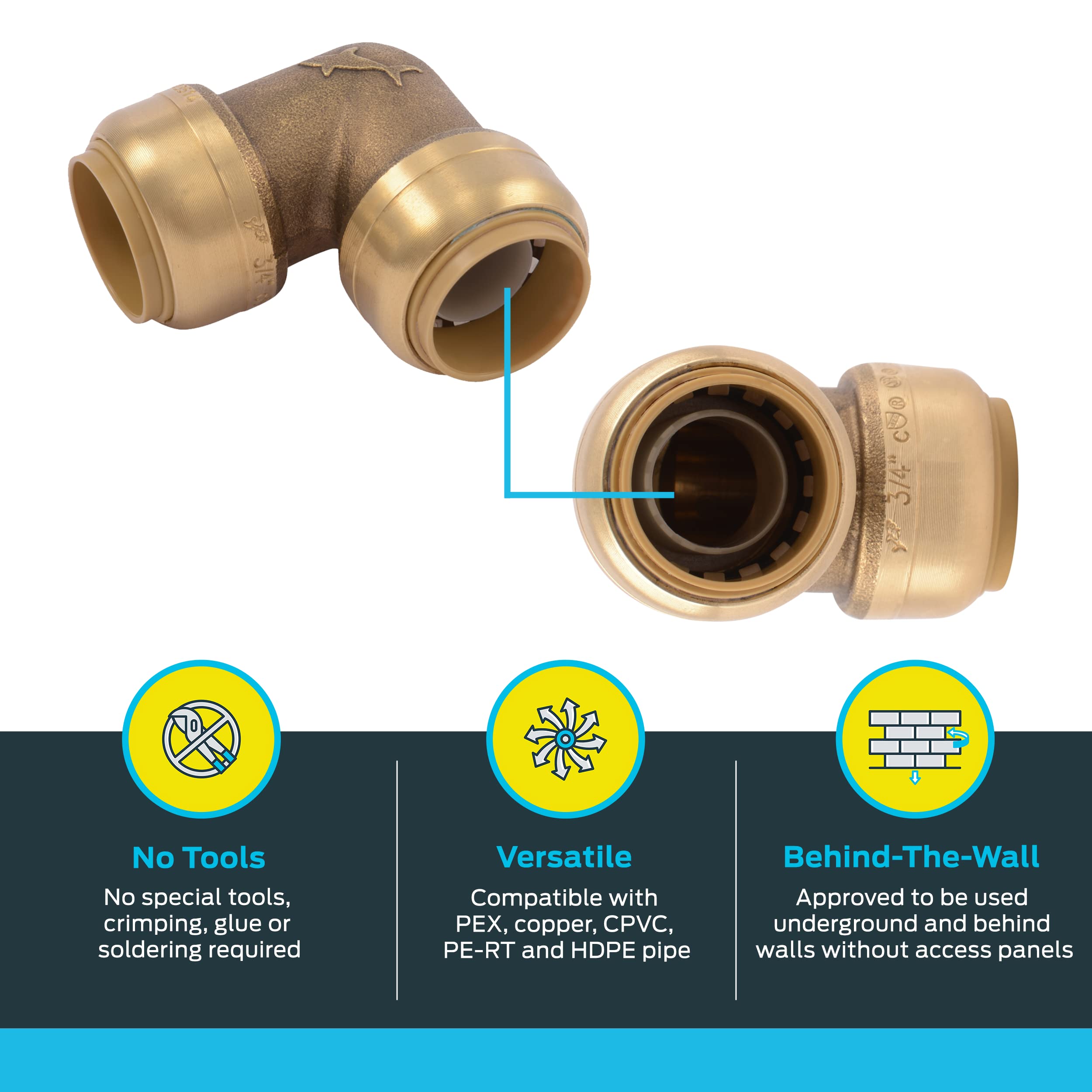90 Degree Elbow SharkBite 1 Inch, Push to Connect Brass Plumbing Fitting, PEX Pipe, Copper, CPVC, PE-RT, HDPE, U260LFA