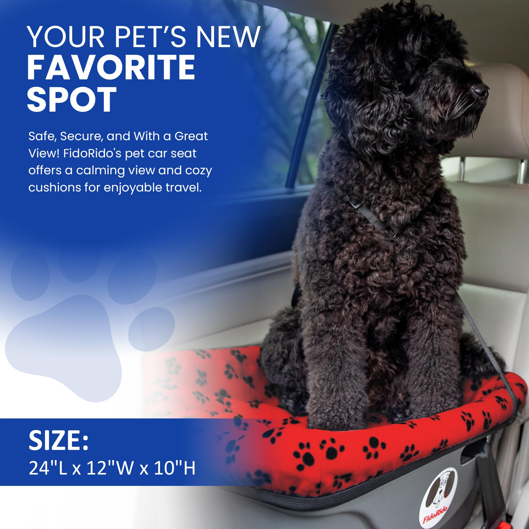 Dog Car Seat FidoRido - Pet Booster Seat for Small to Large Dogs with Comfortable Cushions, Sherpa Cover, and Safety Straps, Easy to Install, Ideal for Travel, Red, Black Paw Prints - Small Harness