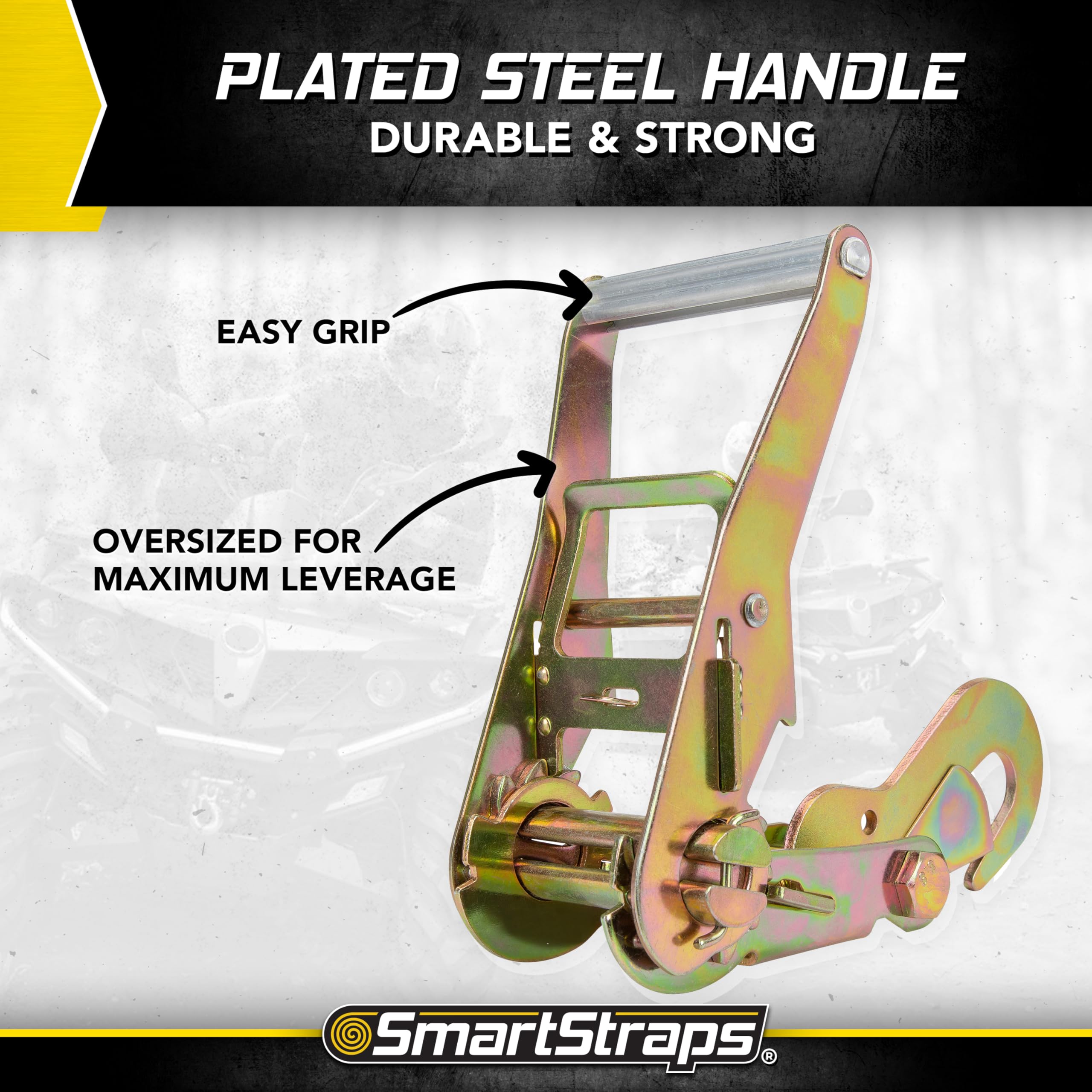 Tire Bonnet Ratchet Straps SmartStraps — Commercial Duty Tire Bonnet Tie Down with Ratchet — 10,000lb Break Strength, 3,333lb Safe Load — Haul Equipment, Tractors and Vehicles, Small, Yellow, 1 Pack