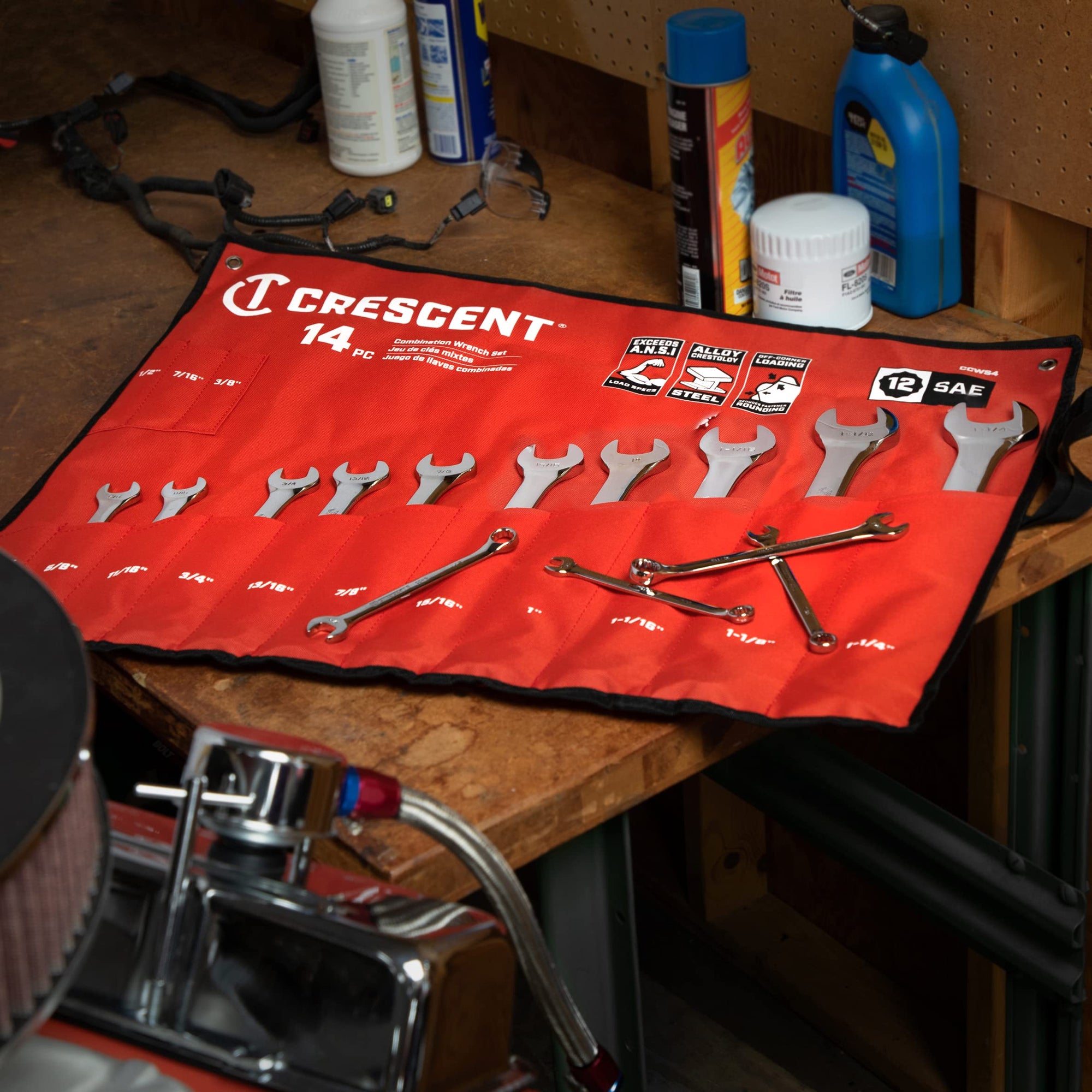 Crescent 12 Point 14 Piece SAE Combination Wrench Set with Tool Roll - CCWS4