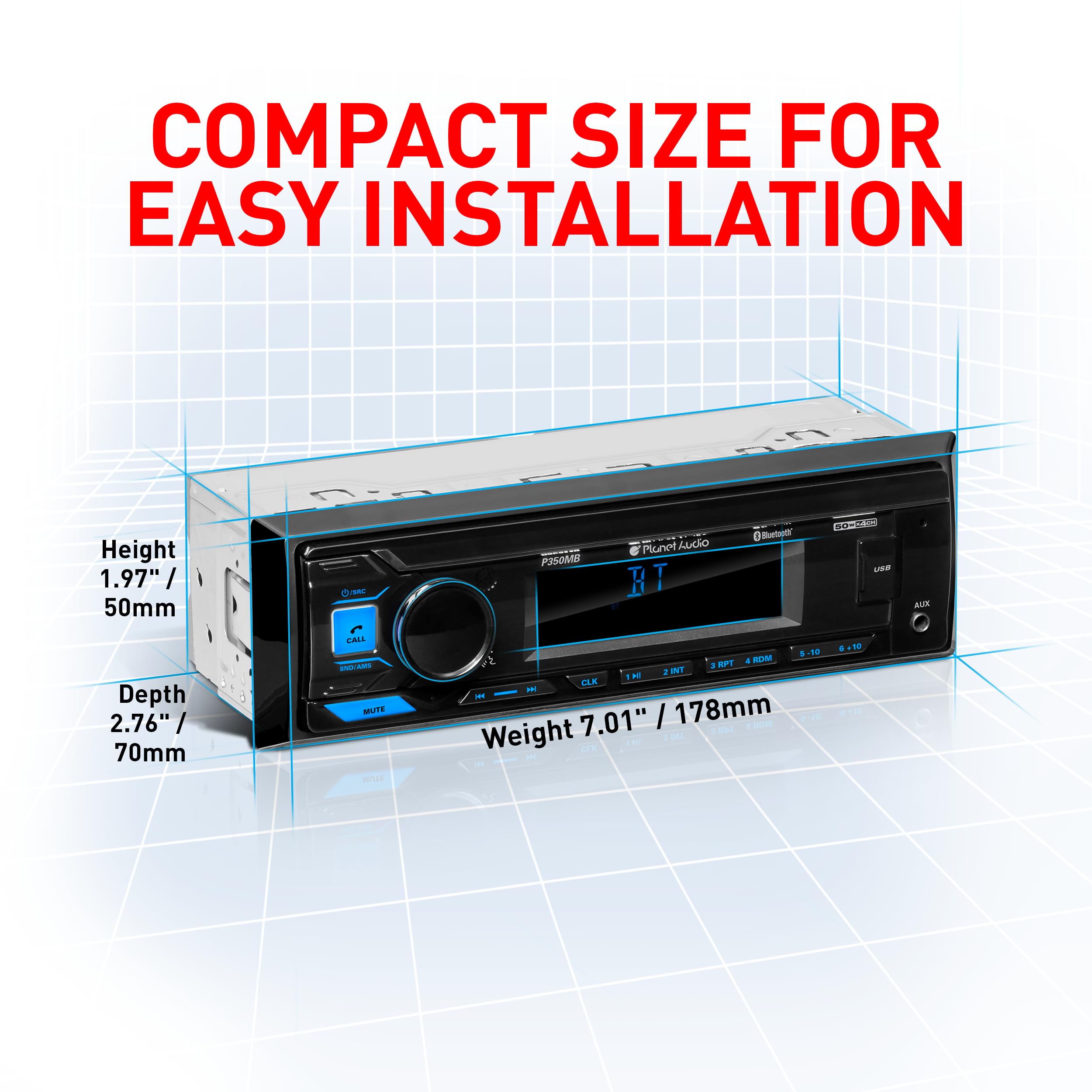 P350MB Planet Audio Car Audio Stereo System - Single Din, Bluetooth Audio and Hands-Free Calling, MP3, USB Audio, USB Charging, AUX Input, AM/FM Radio Receiver, No CD Player