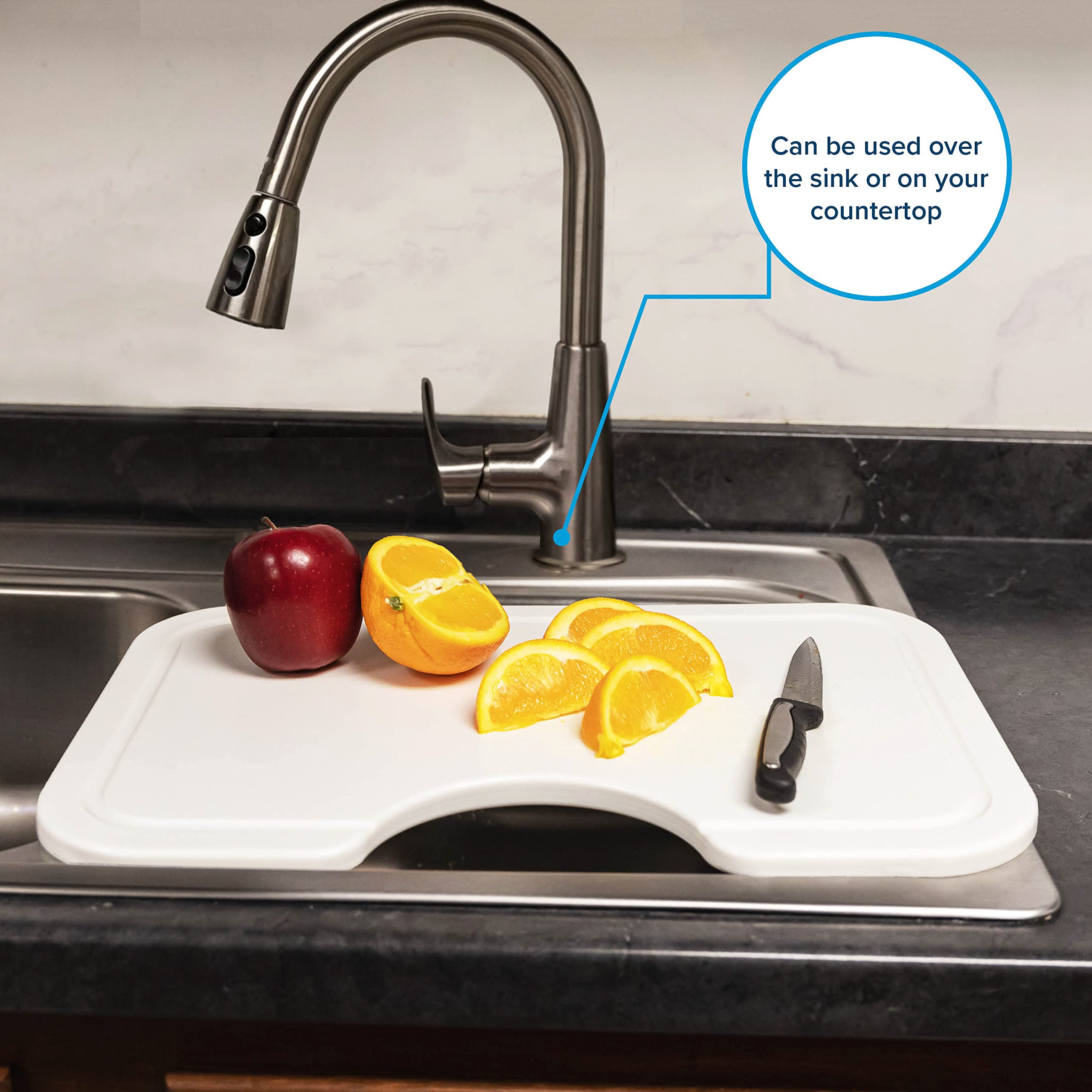 Camco Sink Mate RV/Marine Cutting Board | Features Adjustable Non-Slip Rubber Feet, Scrap Cut-Out, Built-in Juice Groove, and Measures 12-Inches x 18-Inches for Larger RV/Boat Sinks (43850)