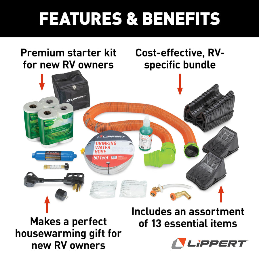 Lippert RV Starter Kit Premium with Power Adapters, Regulator, Filter, Tank Filler, Water Hose, Sewer Hose Kit, Hose Support, Tank Treatment, Toilet Paper, Chocks, Leveling Blocks - 2023000844