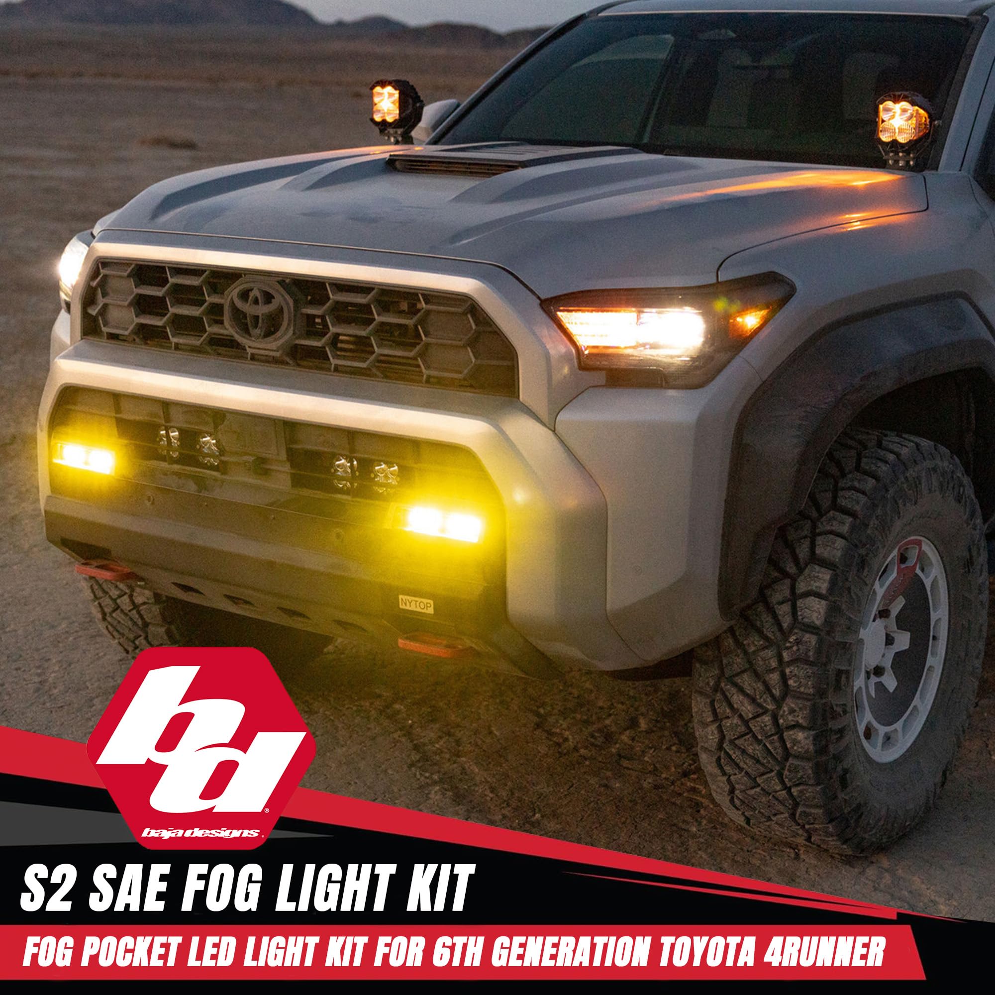 Baja Designs S2 LED Fog Light Kit SAE for Toyota 4Runner 2025+ (Non-TRD Pro) - Street Legal, 4 PCS LED with Mounting Brackets, Adapter Harness - OEM Switch Compatible (SAE Spot Lens; Baja Amber)