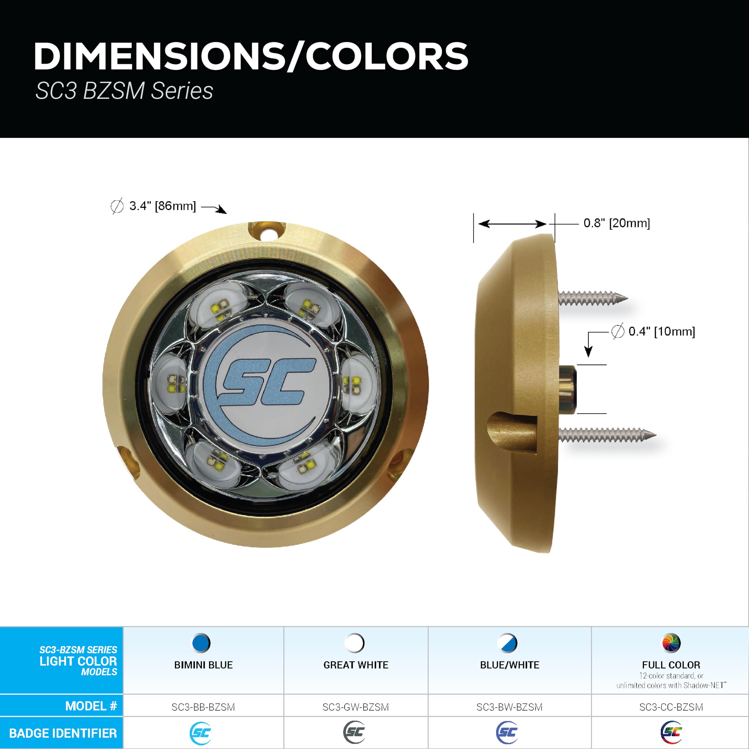 SC3 shadow-caster 3" Bronze LED Underwater Boat Light - Color-Changing (RGBW) - 24 Watts - Tempered Glass Lens