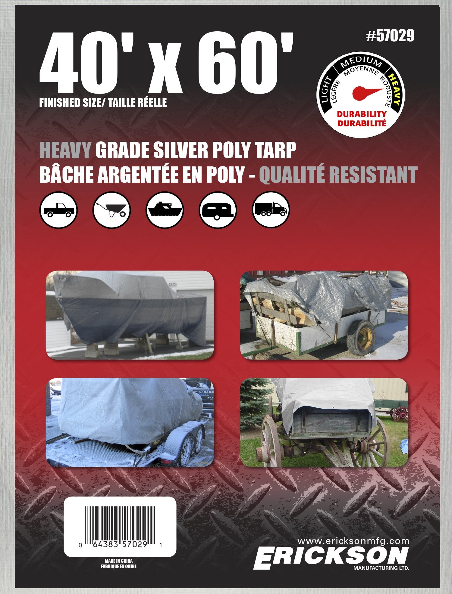 Heavy Grade Erickson 57029 Silver Poly Tarp, 40' x 60', 1 Pack