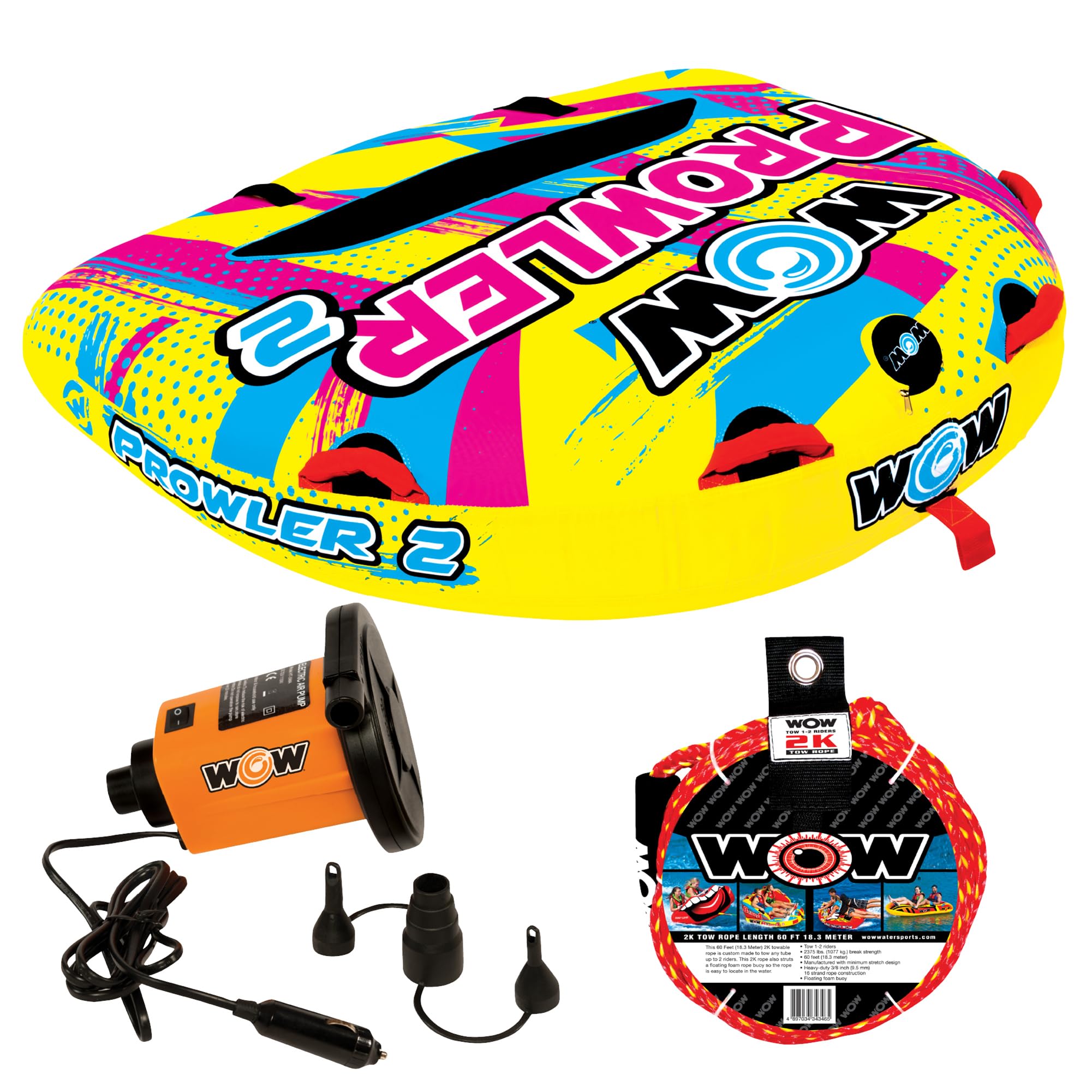 Prowler WOW Sports Starter Kit, 2 Person Boating Tube, 12v High Speed Air Pump, & 2K Tow Rope