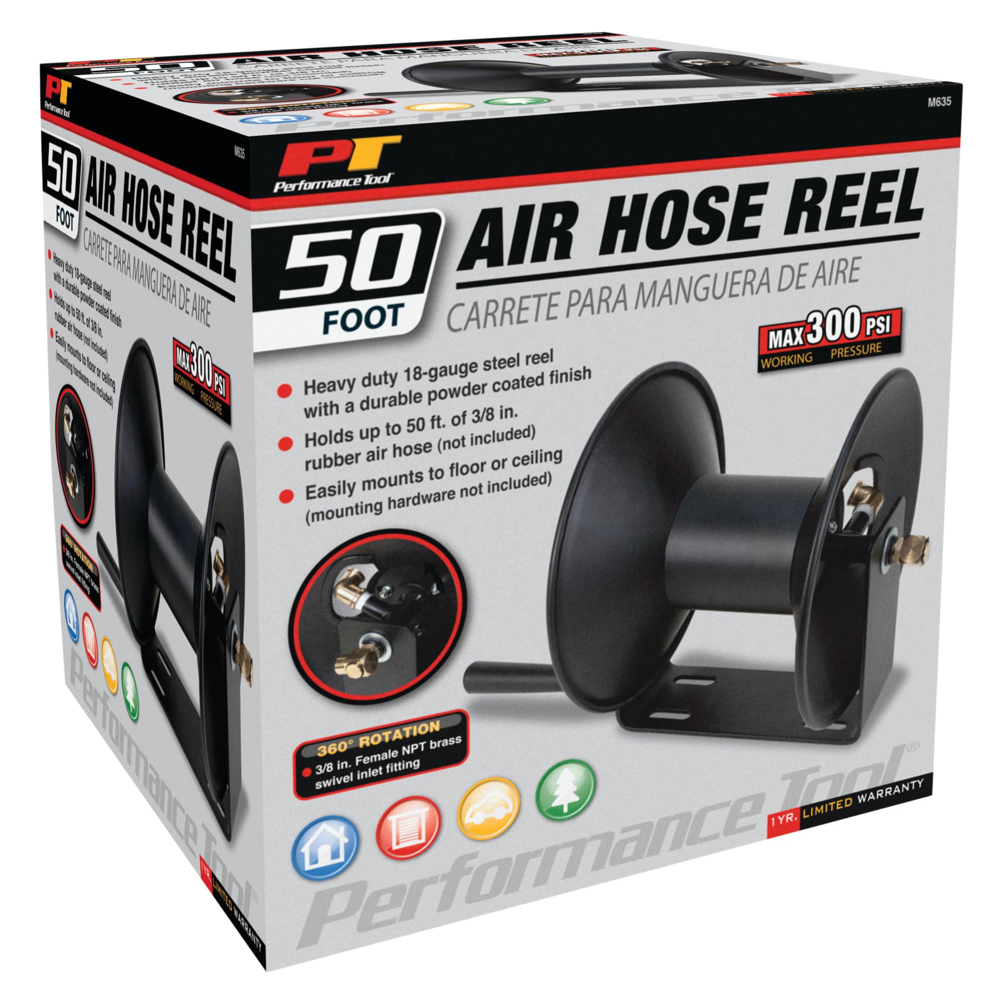 M635 Performance Tool 50' 18 Gauge Steel Air Hose Reel (Reel Only)