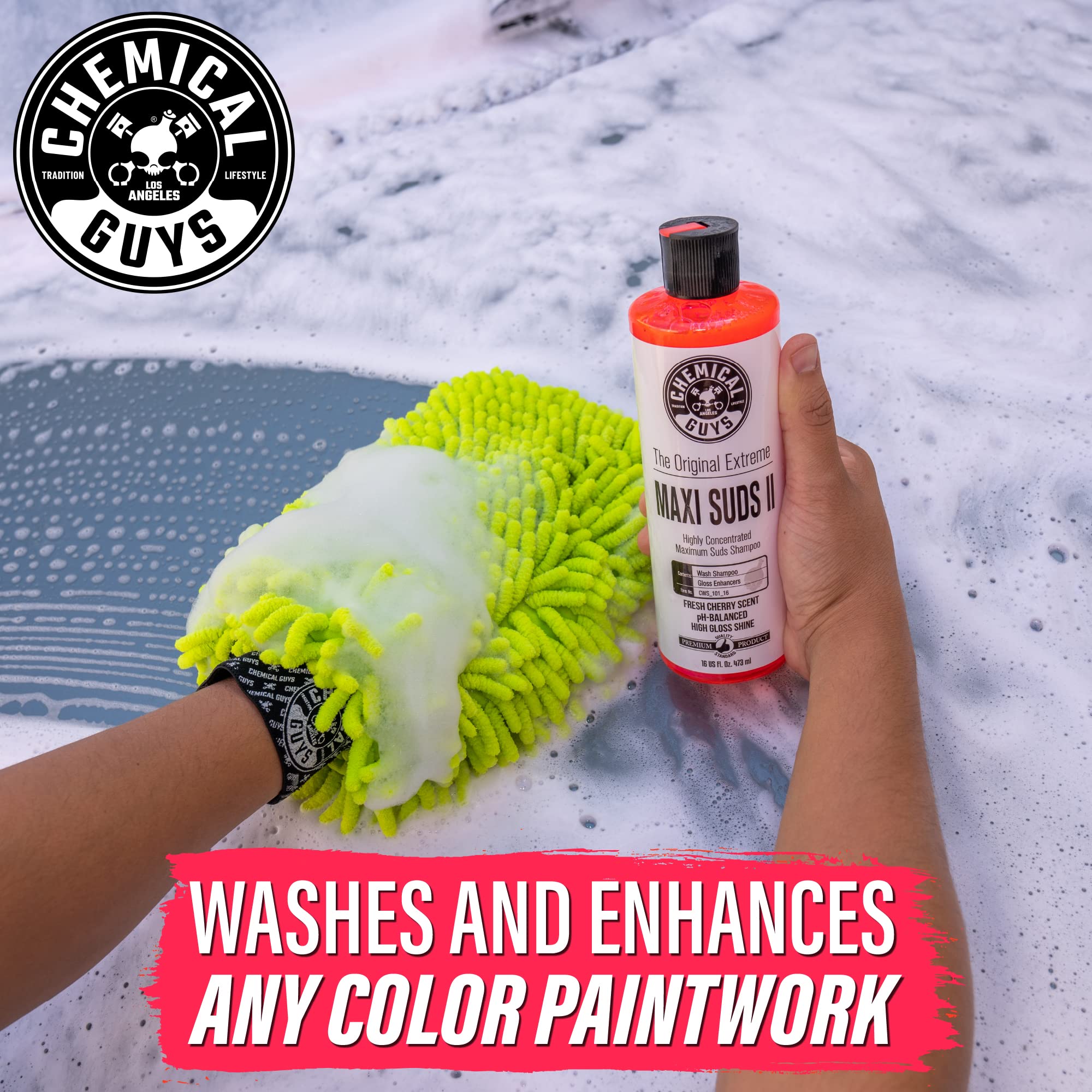 Maxi Suds II Chemical Guys Foaming Car Wash Soap – High Foam Car Wash Soap, Cherry Scent Shampoo and Gloss Booster for Foam Cannons, Guns or Buckets – Gentle, Safe for Trucks, SUVs, and RVs, 64 oz