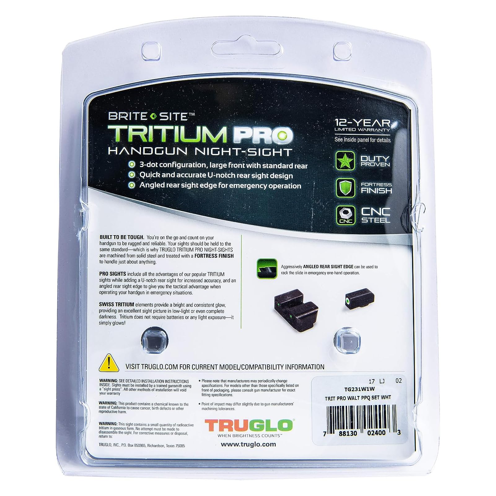Tritium Pro TRUGLO Night Sights, Compatible with Walther P99 and PPQ | Compact Durable Glow-in-The-Dark Front & Rear Handgun Sight Set with White Focus Lock Front Ring
