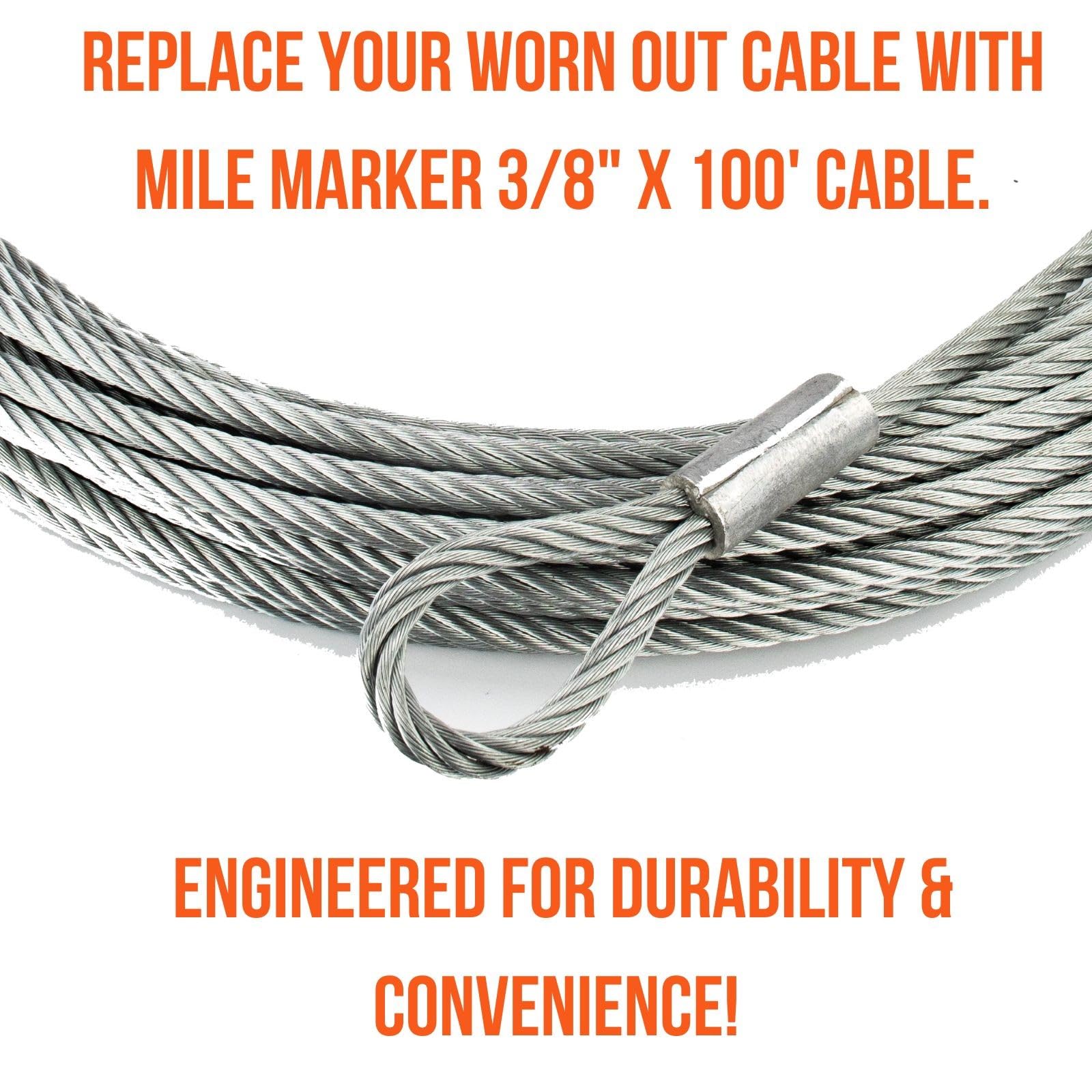 Mile Marker Single 3/8” x 100’ Replacement Steel Cable with Removable Hook for Trucks - 19-50020C for Winches 9,500 to 12,000 lbs. - Engineered for Durability & Convenience