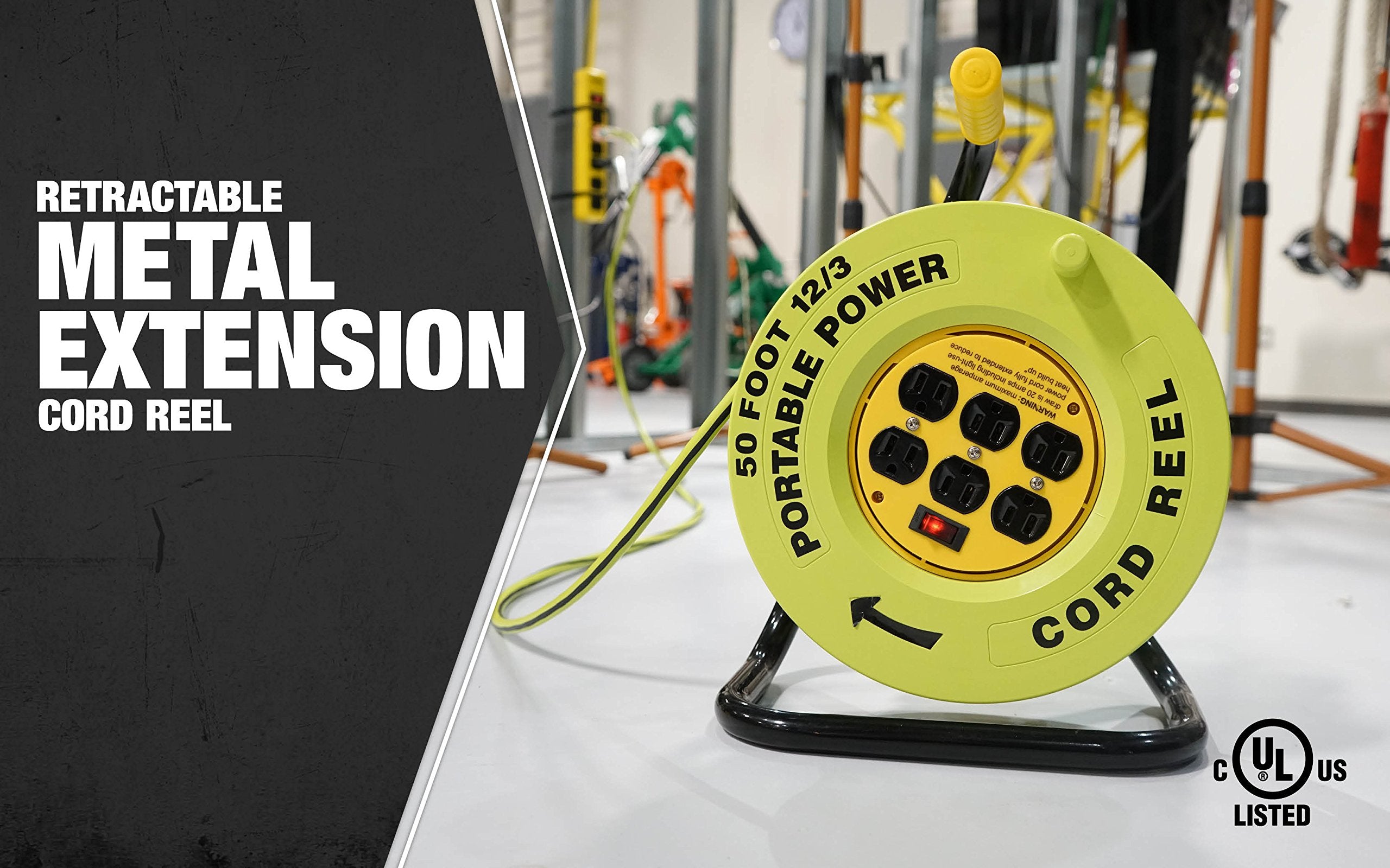Power Stations Southwire E-235 Cord Reel - 14/3 Gauge with 6 Grounded Outlets - Built-In Circuit Breaker & Lighted Switch - Sturdy Metal Base for Stability - Red & Black Striping - 50 Feet