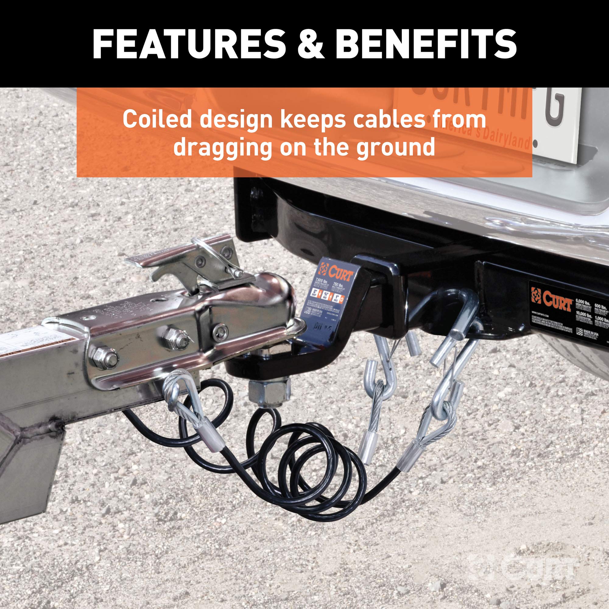CURT 80151 Vinyl-Coated 44-1/2-Inch Trailer Safety Cables, 7/16-In Snap Hooks, 5,000 lbs Break Strength, 2-Pack