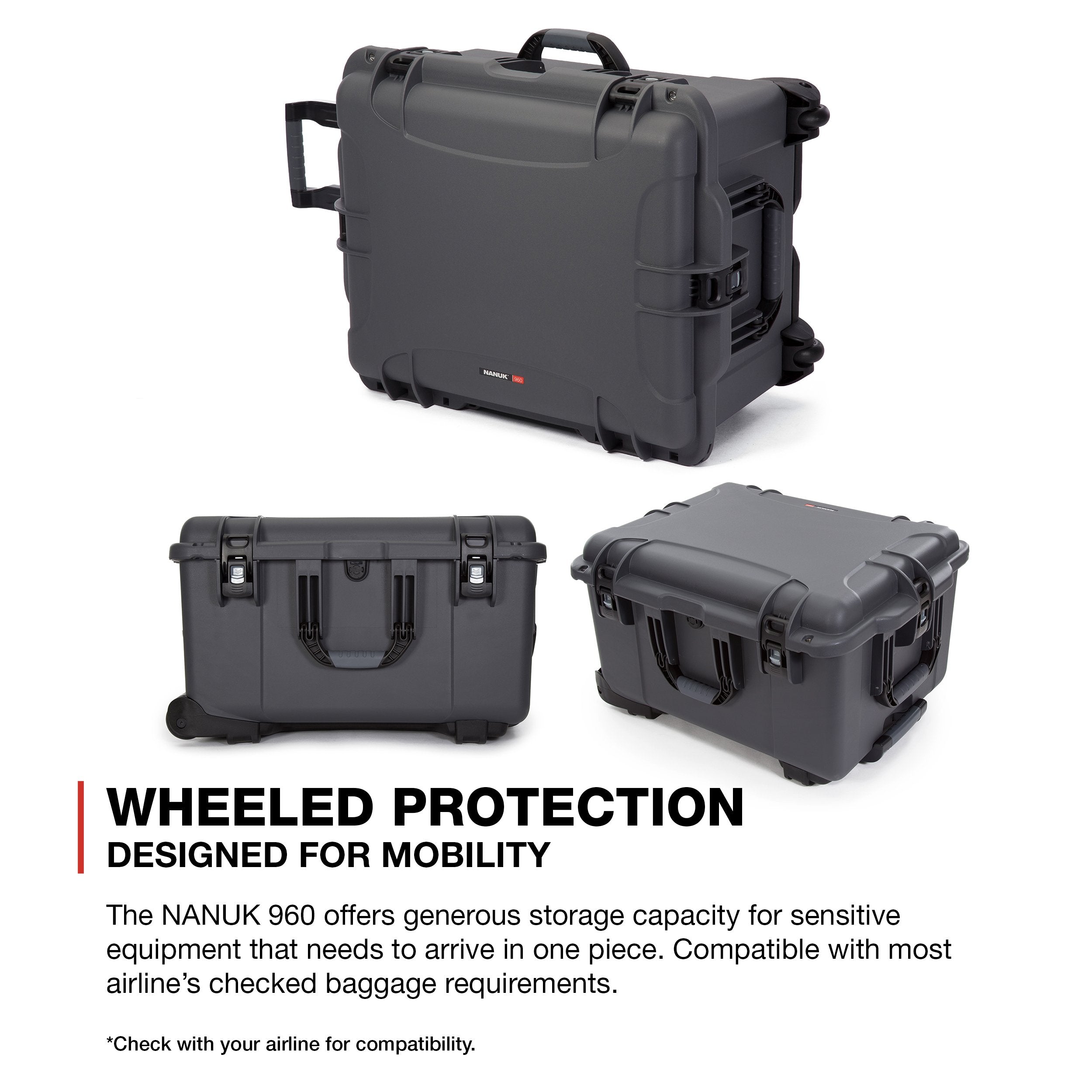NANUK 960 Wheeled Series Lightweight NK-7 Resin Waterproof Case with Padded Divider, Graphite