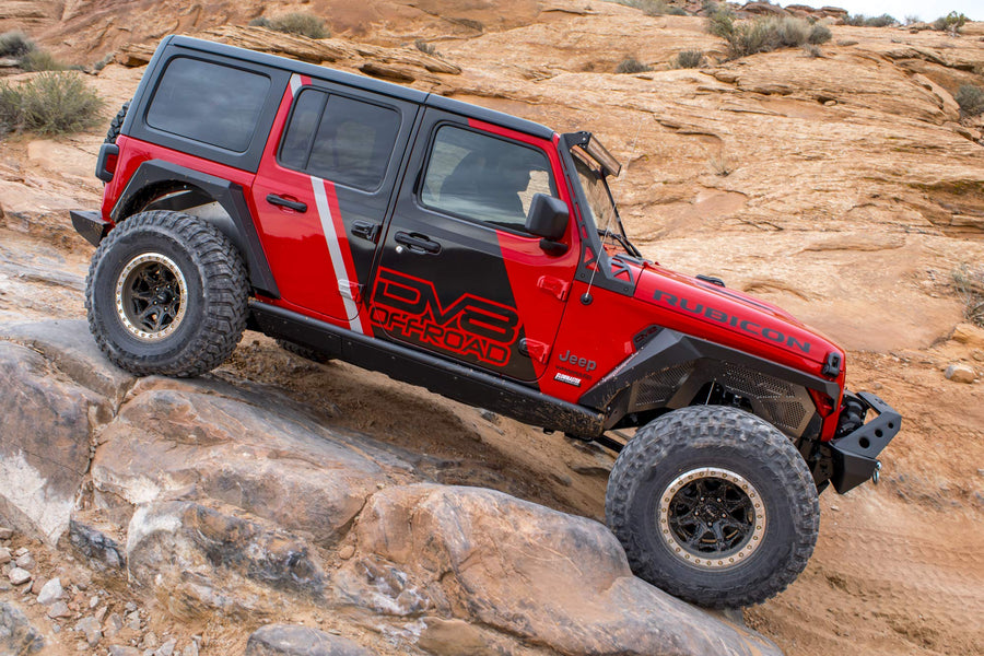Rock Slider DV8 Offroad for 2018-2023 Jeep Wrangler JL 4-Door | Boat Side Design | Bolt-on Panels | Maximum Protection for Body and Frame | Black Finish