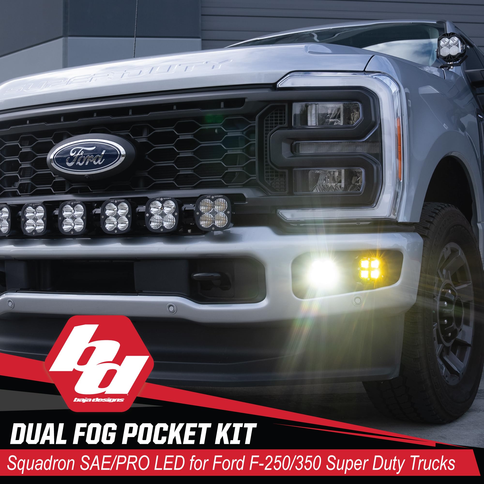 Baja Designs Dual Pro Squadron SAE LED Fog Pocket Light Kit for Ford Super Duty Truck 23-On with Upfitter Harness Clear