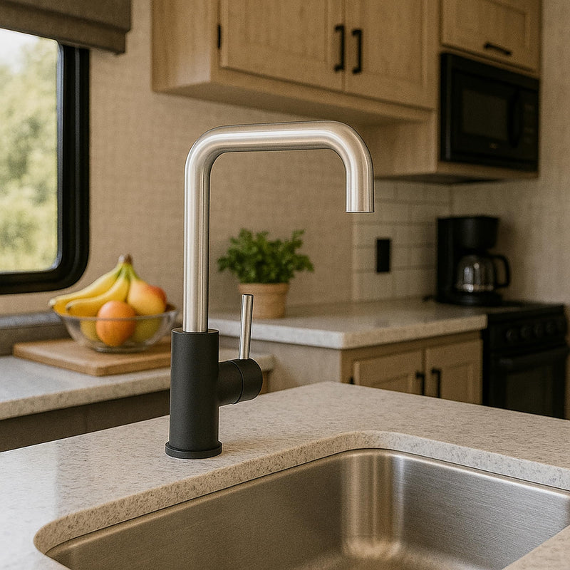 Dura Faucet Squared-Arc RV Single Handle Kitchen Sink Faucet - Optional Deck Plate (Matte Black/Brushed Satin Nickel)
