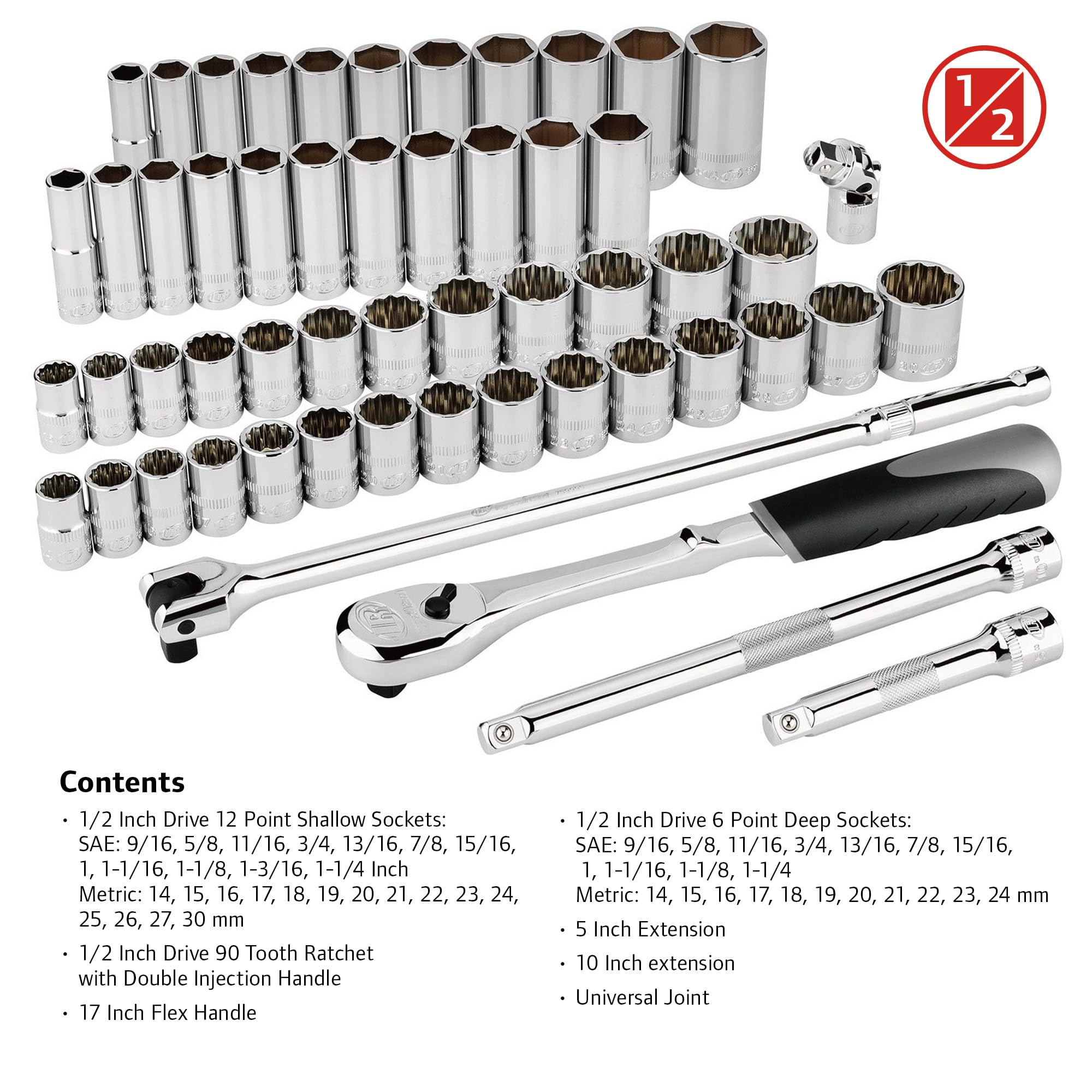 Ingersoll Rand 1/2 in. Drive SAE/Metric 54-Piece Master Socket and Accessory Set – Mirror-Polished Chrome Vanadium Steel, 90-Tooth Ratchet, EVA Tray with Size Markings – 752002