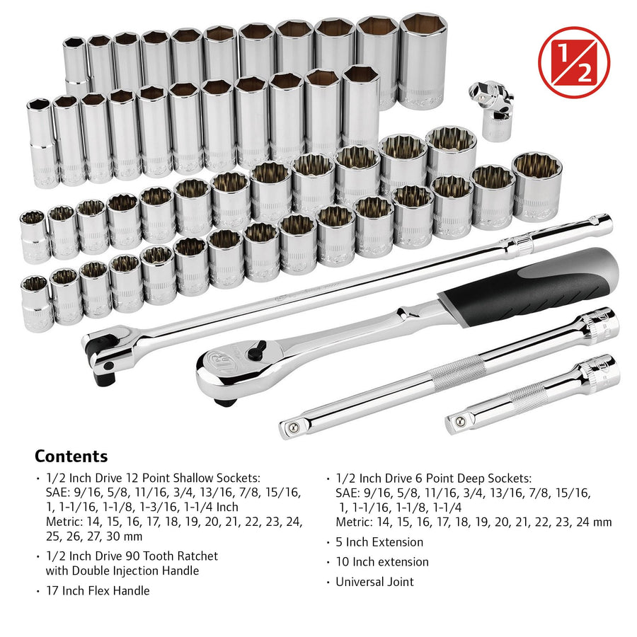 Ingersoll Rand 1/2 in. Drive SAE/Metric 54-Piece Master Socket and Accessory Set – Mirror-Polished Chrome Vanadium Steel, 90-Tooth Ratchet, EVA Tray with Size Markings – 752002