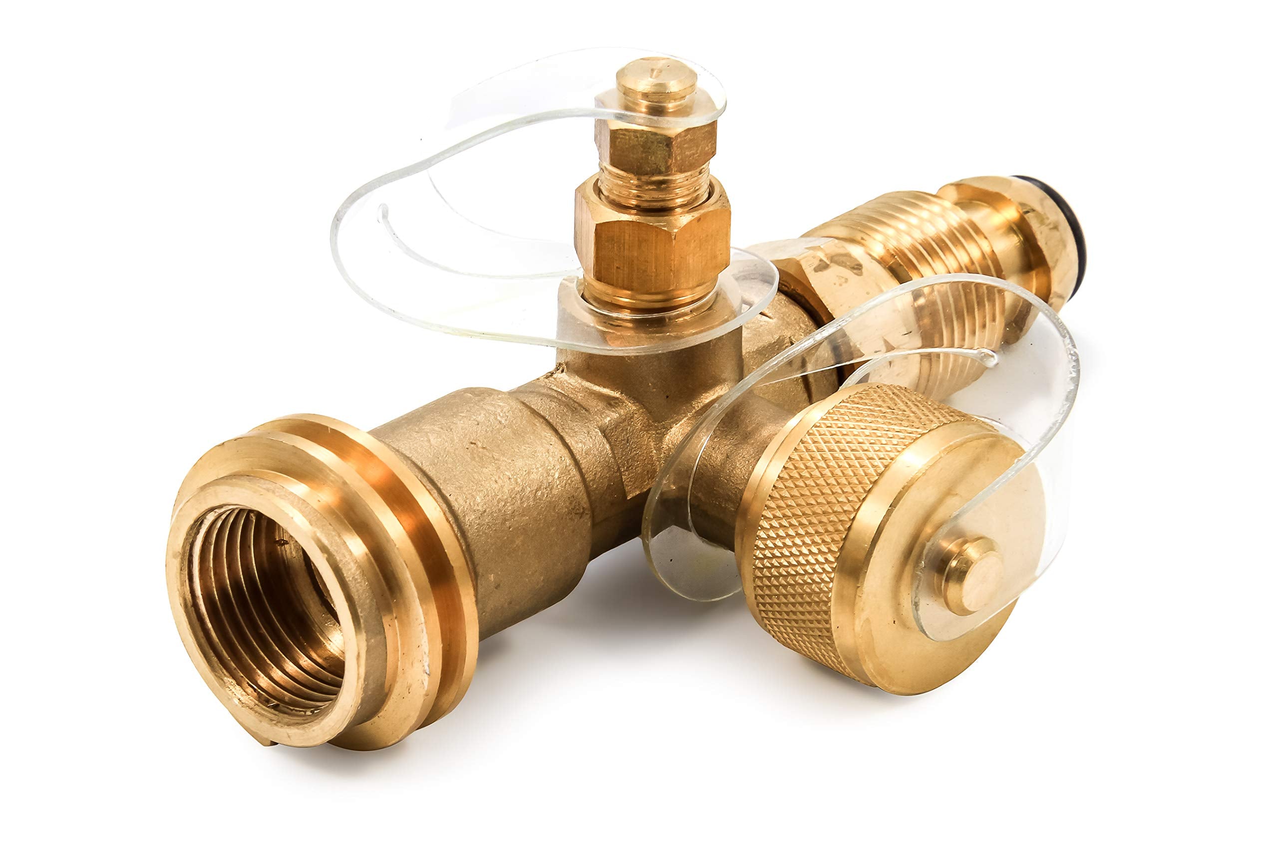 Camco Brass Tee RV Propane – 4-Port Adapter for Motorhomes with Permanent Tank, Acme & POL Threads, Auxiliary Cylinder & Appliance Hookup (59113)