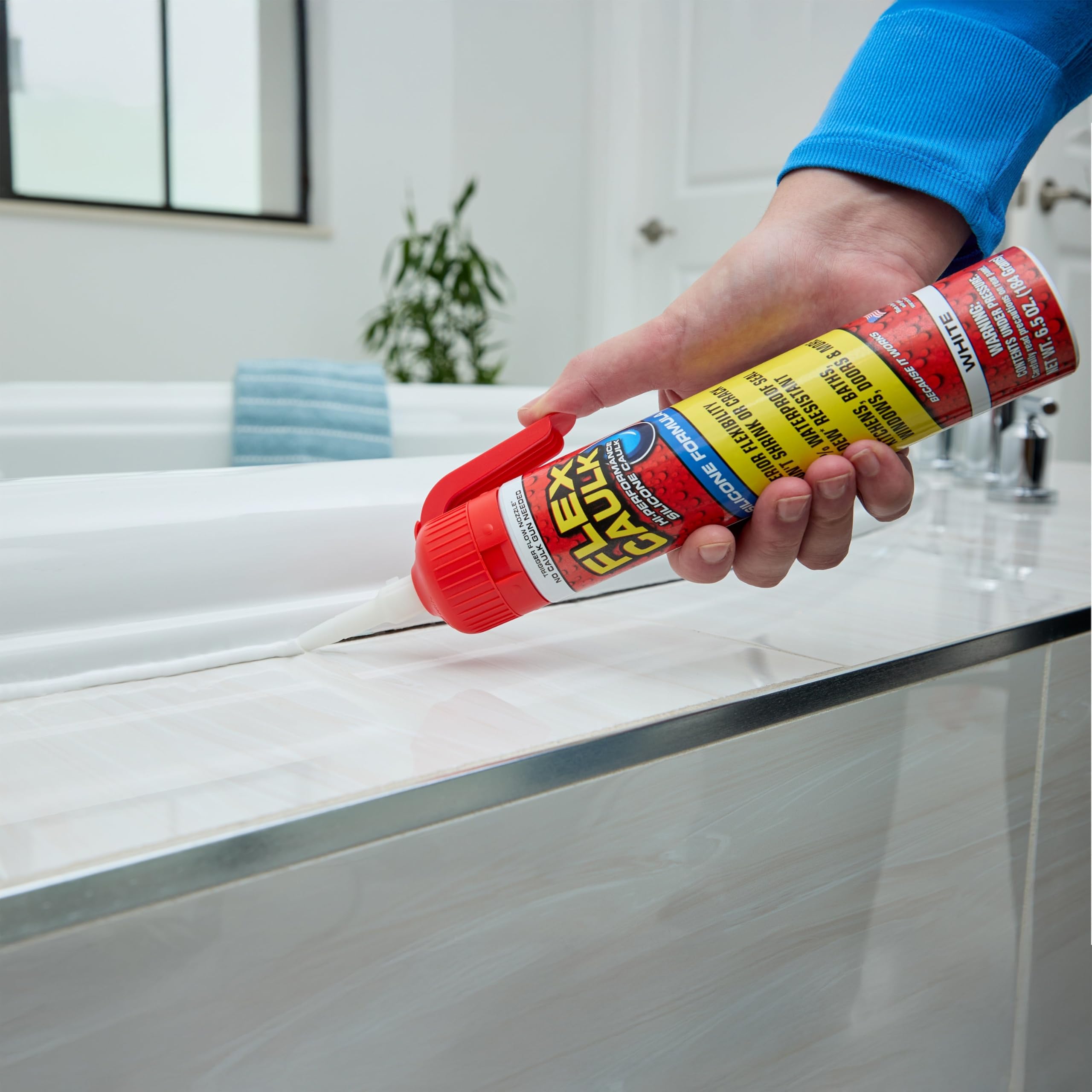 Silicone Flex Caulk, Waterproof & Weatherproof Sealant, Strong, Indoor, Outdoor, Bath, Kitchen, Shower, Sink, Window, Baseboards, Door, RV, Roof, Wood, Glass, Tile, Marine, White, 6.5 oz, 1-Pack