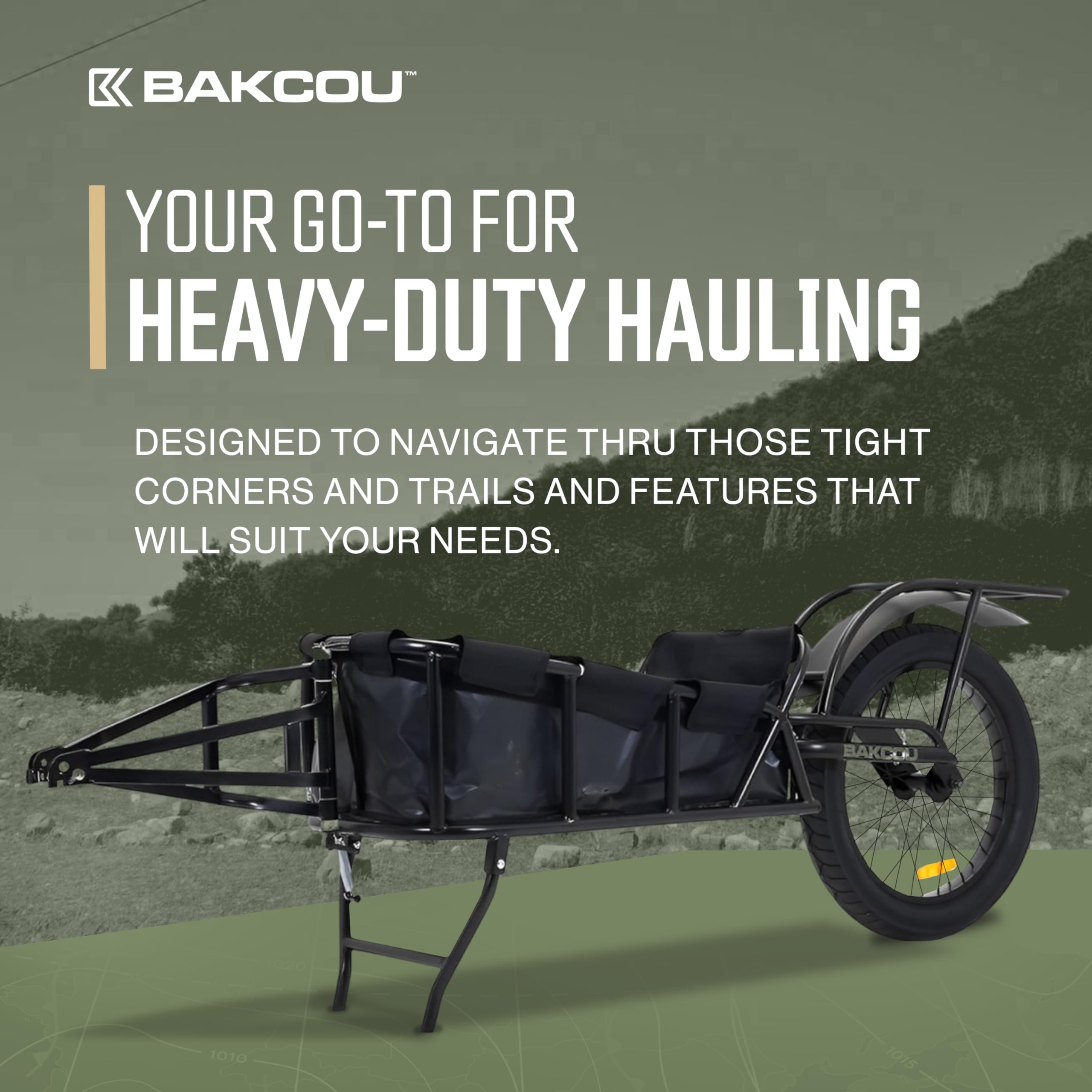 Bakcou - Cargo eBike Trailer Hunting - Single Wheel, Mule-Storm Compatible, 50-90lbs Capacity, 20" Fat Tire, All-Terrain, Canvas Liner, Fender