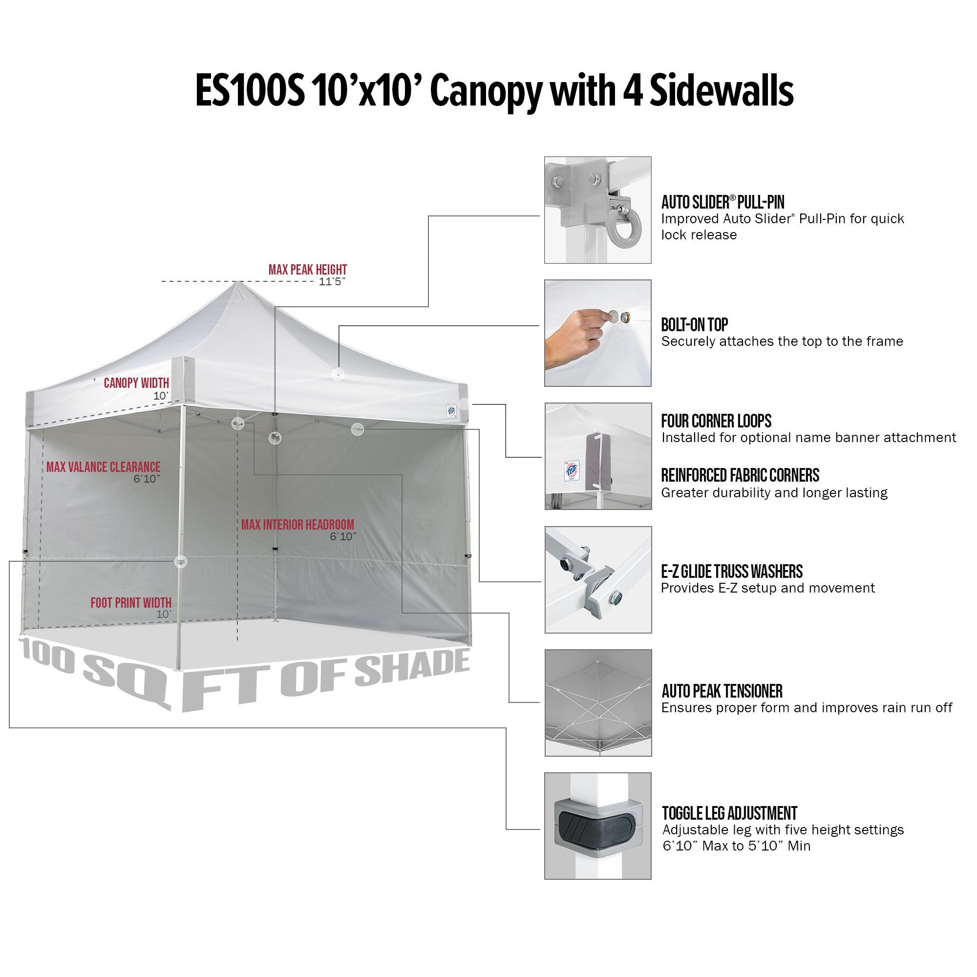 E-Z UP Instant Commercial Pop Up Canopy Tent ES100S, 10' x 10' with 3 Sidewalls, 1 Mid-Zip Sidewall and Wide-Trax Roller Bag, White