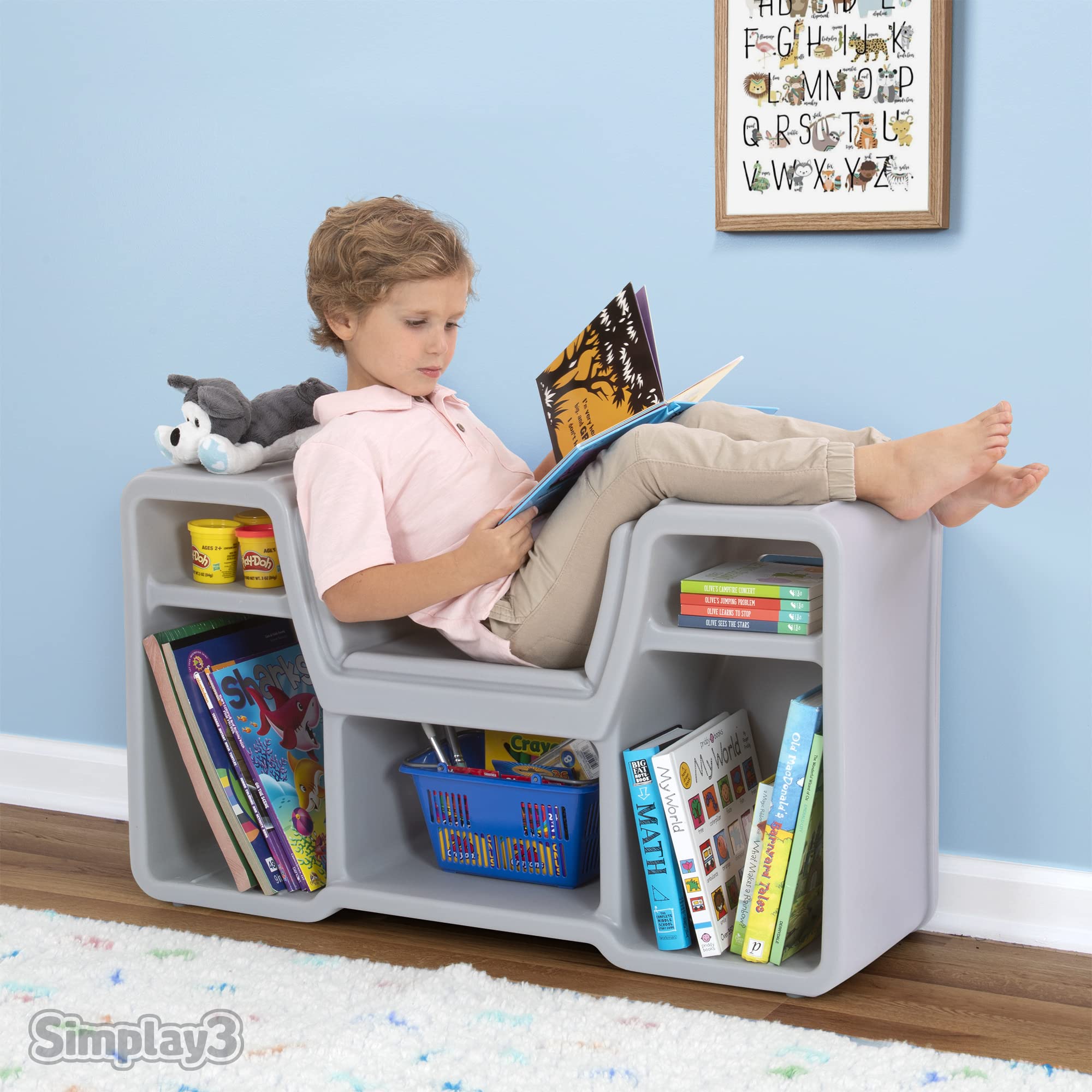 Cozy Cubby Book Nook Simplay3, Kids Bookshelf and Storage with Built-in Reading Seat, Fully Assembled, Made in USA