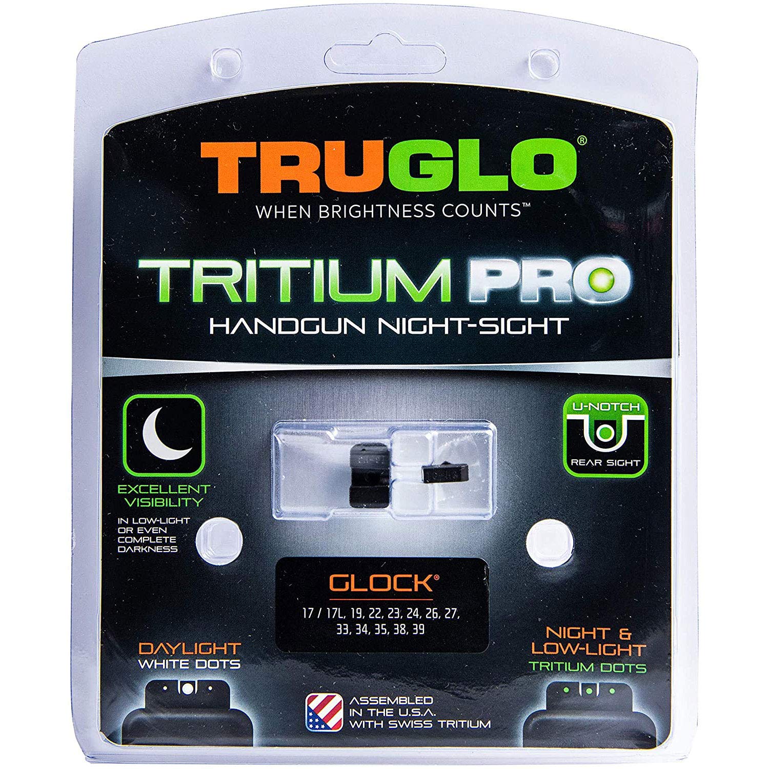TruGlo Compact Tritium Pro Glow in The Dark Front and Rear Gun White Sight with Focus Lock Ring Compatible with Glock Handgun Models, Black