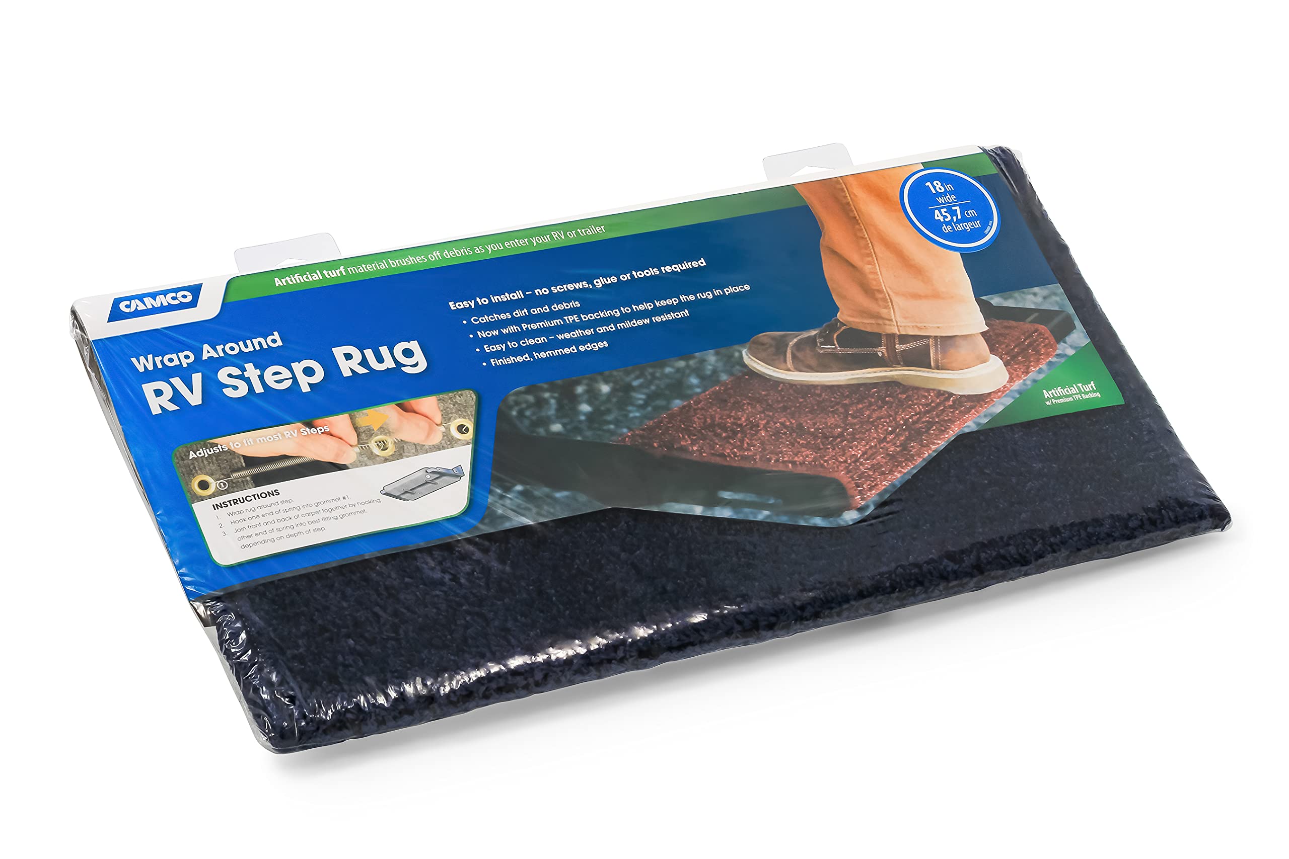 RV Camco Wrap Around Turf Step Rug | Help Trap Dirt, Leaves, and More | Easy to Install | Easy to Clean | Blue (42916)