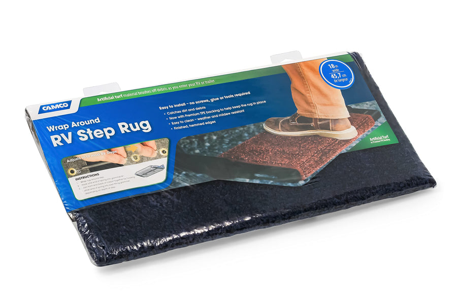 RV Camco Wrap Around Turf Step Rug | Help Trap Dirt, Leaves, and More | Easy to Install | Easy to Clean | Blue (42916)
