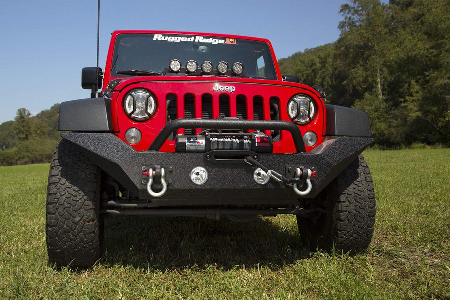 Spartan Rugged Ridge Bumper, Front | Full-Width w/High-Clearance Ends & Overrider, Steel, Textured Black | 11548.01 | Fits 2007-2018 Jeep Wrangler JK