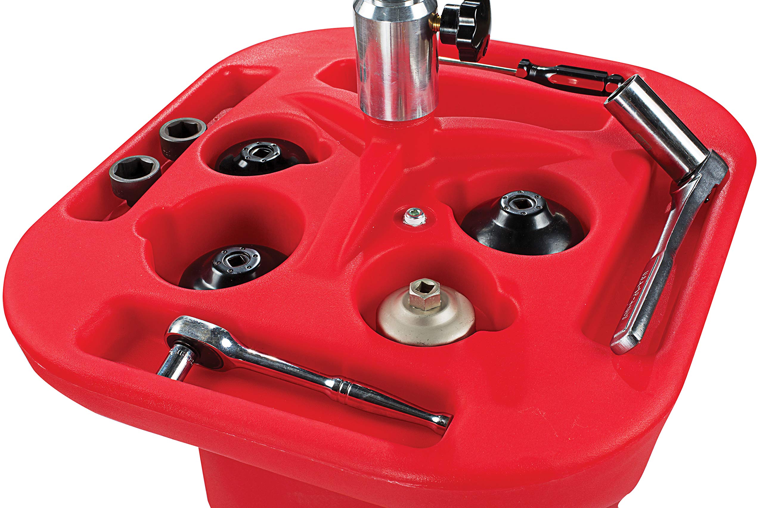 JDI-27GFD JohnDow Industries 27 Gallon Pump Assist Portable Oil Drain, 16 inch Diameter Centered Funnel, Adjustable Funnel Height of 45 in. to 70 in. With Molded in Tool Tray for Oil Filters and Tools