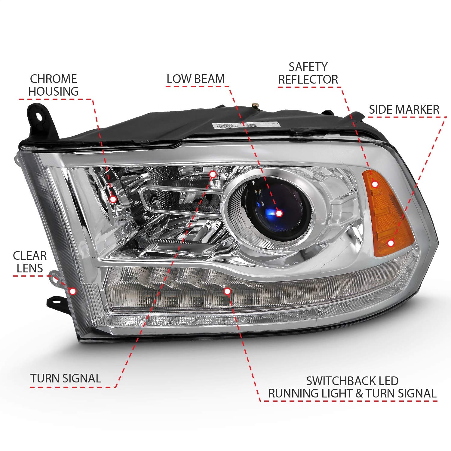 111440 ANZO USA PROJECTOR PLANK STYLE DODGE RAM 1500 09-18/2500/3500 10-18 SWITCHBACK HEADLIGHTS CHROME (OE STYLE) (FOR ALL MODELS)