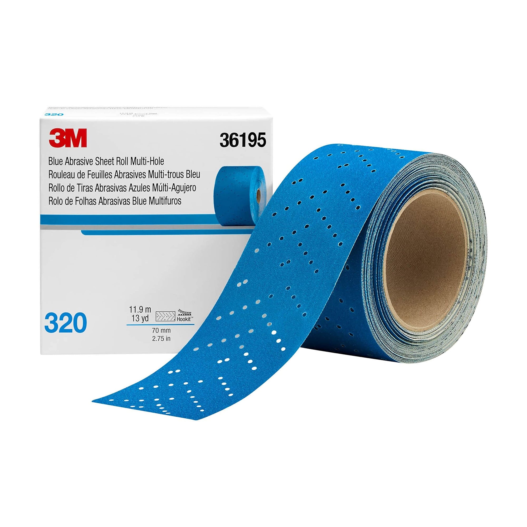3M Hookit Blue Abrasive Roll Sheet, 36195, Multi-Hole, 2.75 in x 13 yd, 320+ Grade, Automotive Sanding Sandpaper for Coating Removal, Body Repair, Auto Sanding
