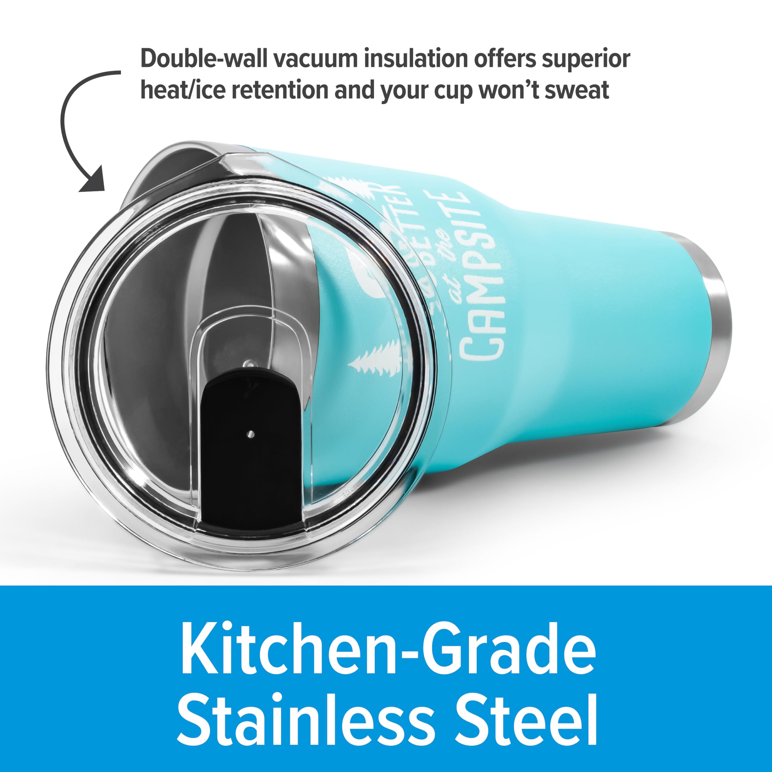 Camco Tumbler Life is Better at The Campsite | Heavy Duty Double Wall Vacuum Insulation | Crafted of 18/8 Stainless Steel | Unique “Life is Better at The Campsite” Design on Cool Blue | 30-oz (53058)