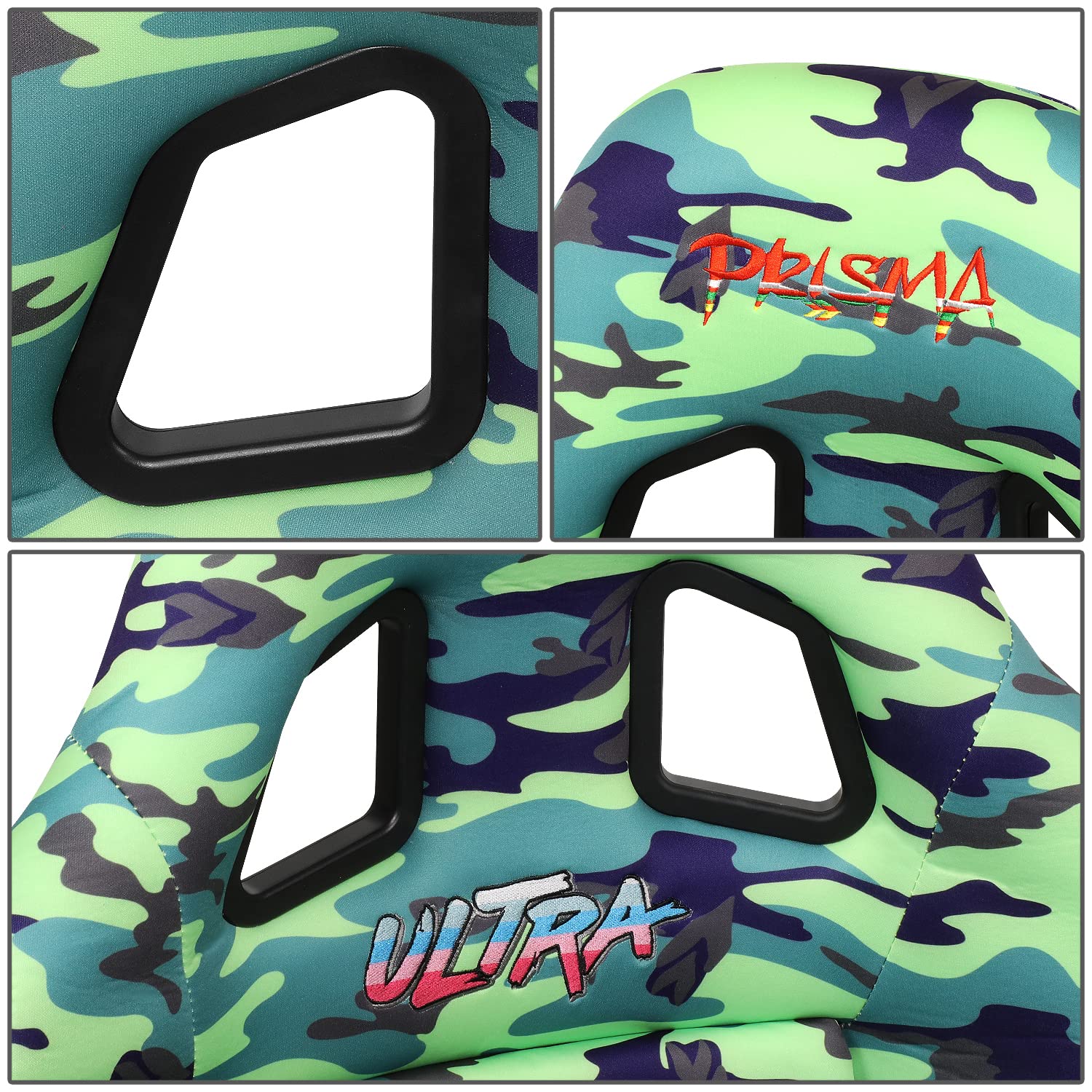 NRG Innovations Prisma FRP-303-GIJ Fixed Back Bucket Racing Seat with Bottom Mount Bracket, Green Camo/Green Glitter Back