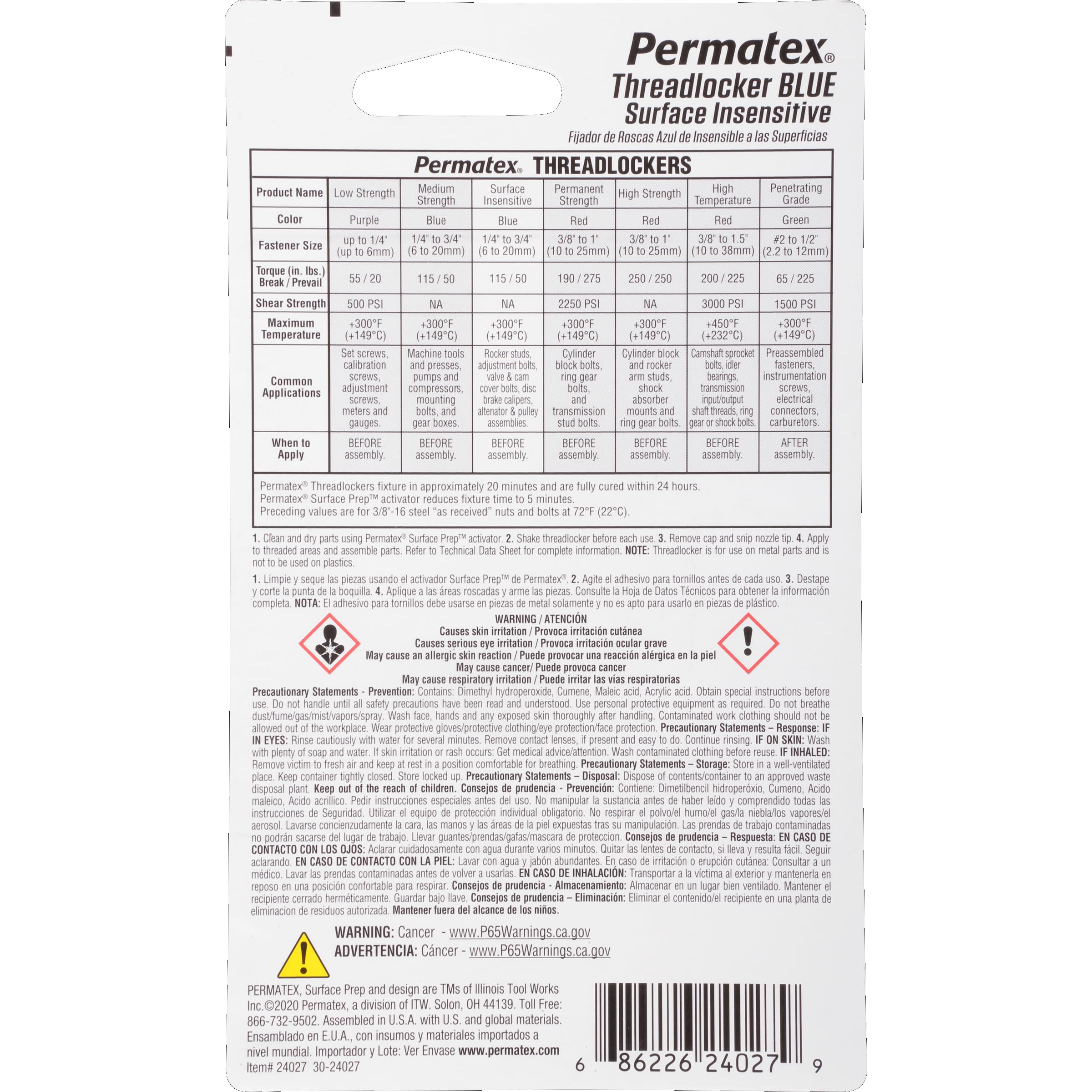 Permatex 24027 Threadlocker Blue Surface Insensitive, Screw Glue & Thread Lock for Bolts Nuts & Fasteners to Prevent Loosening & Corrosion, Removable with Hand Tools 6 ml