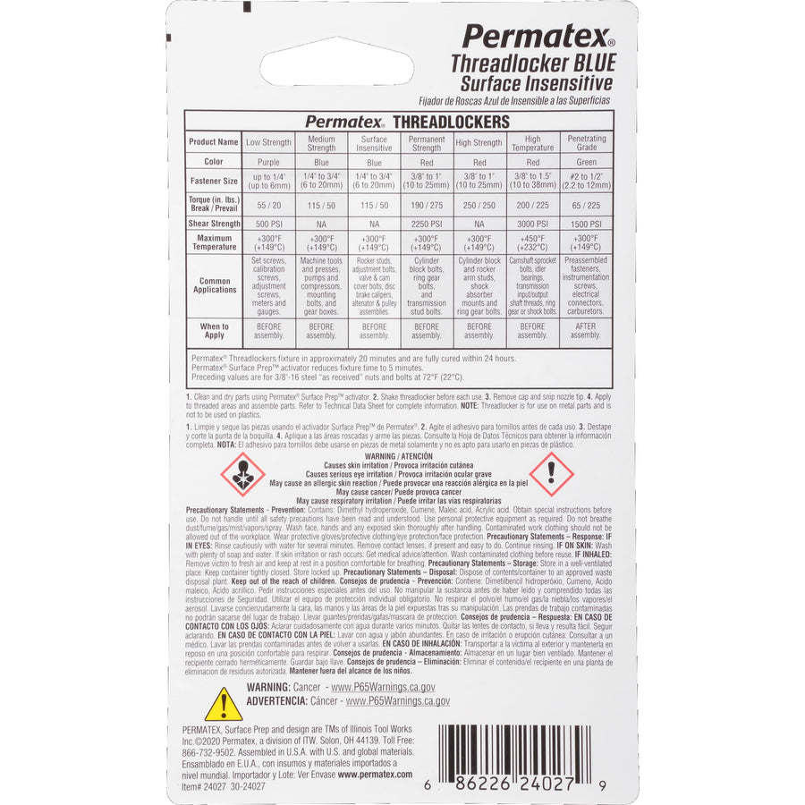 Permatex 24027 Threadlocker Blue Surface Insensitive, Screw Glue & Thread Lock for Bolts Nuts & Fasteners to Prevent Loosening & Corrosion, Removable with Hand Tools 6 ml