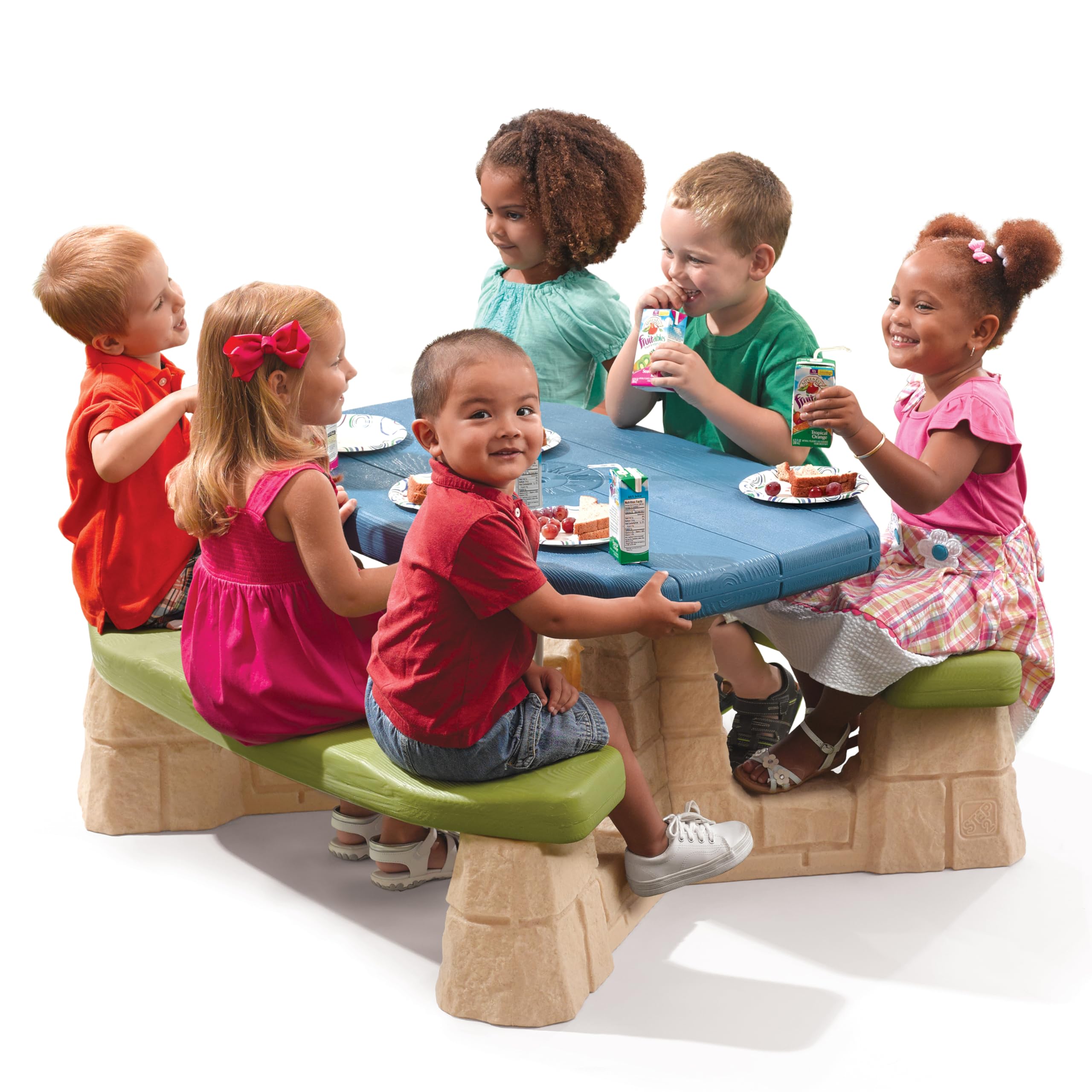 Step2 Kids Picnic Table Naturally Playful with Removable Umbrella, Indoor/Outdoor Toys, Fits 6 Children, Made of Durable Plastic, For Toddlers 3+ Years Old, Blue & Green