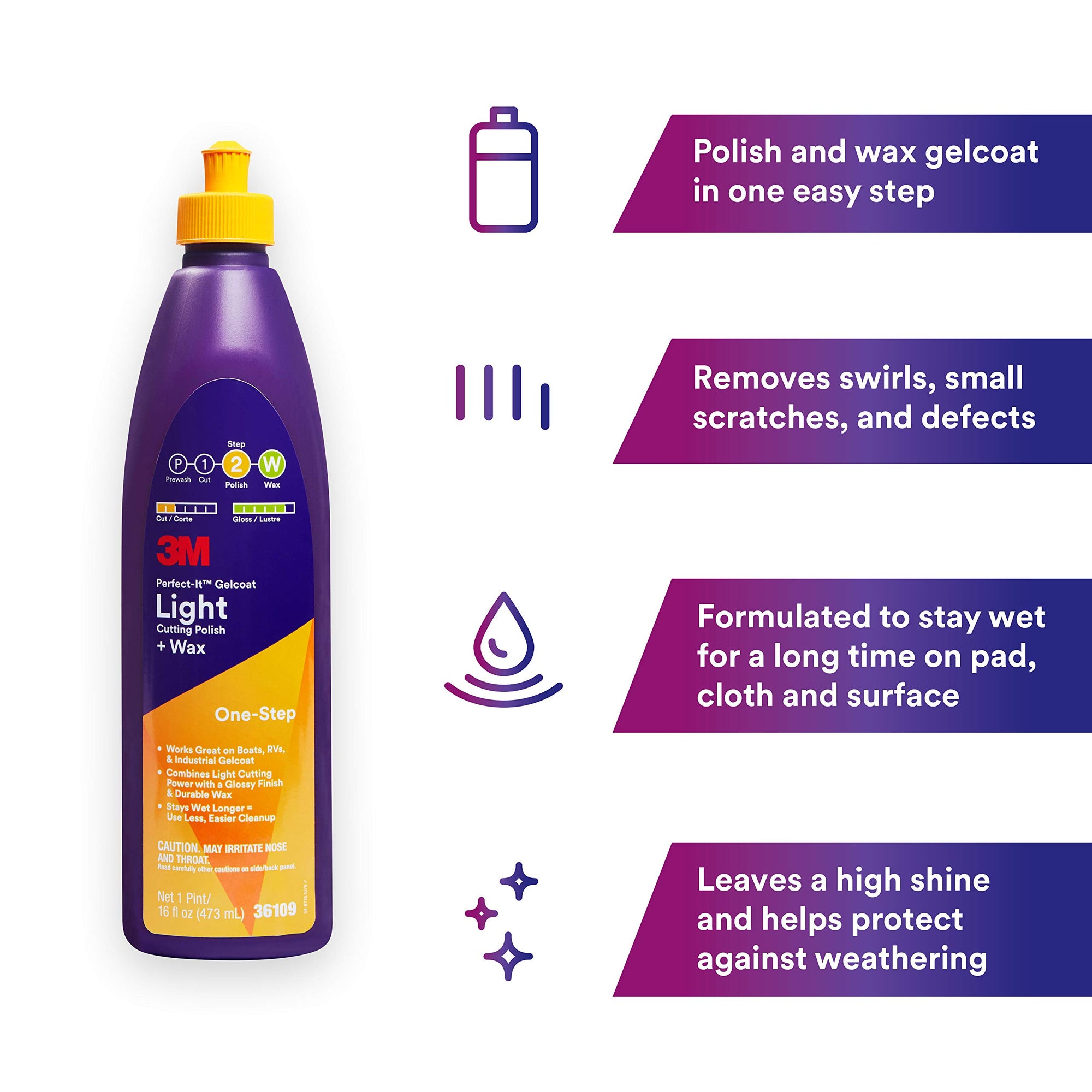 3M Perfect-It Gelcoat Light Cutting Wax + Polish, 36109, 1 Pint, One-Step Process, Removes Scratches and Swirls, Light Oxidation Remover for Boats and RVs