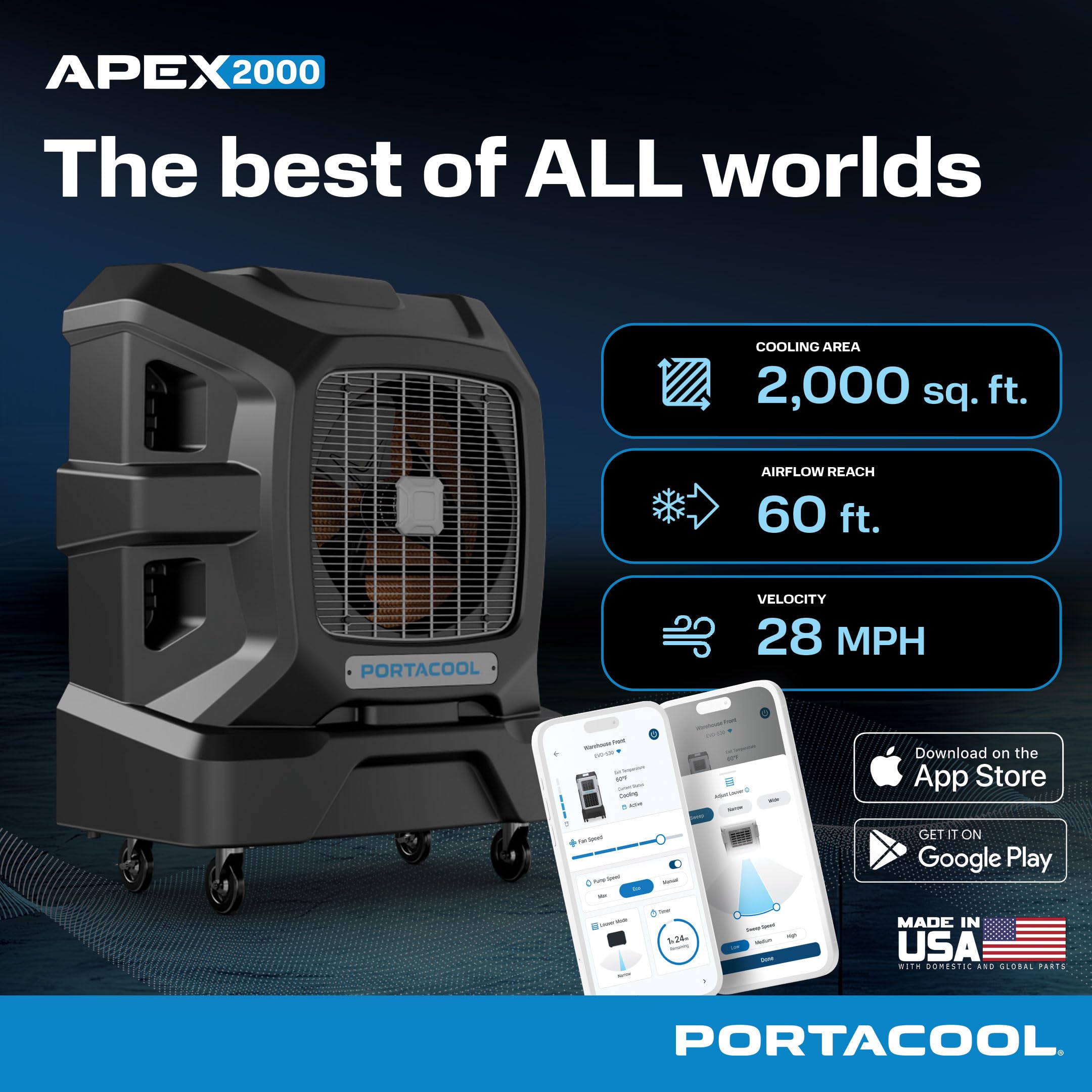 Apex 2000 Portacool (PACA20001A1) – Wi-Fi Enabled High Velocity Portable Evaporative Cooler for 2000 sq. ft. with up to 60-foot Reach, Programable, 45 Gallon Reservoir, Variable Speed
