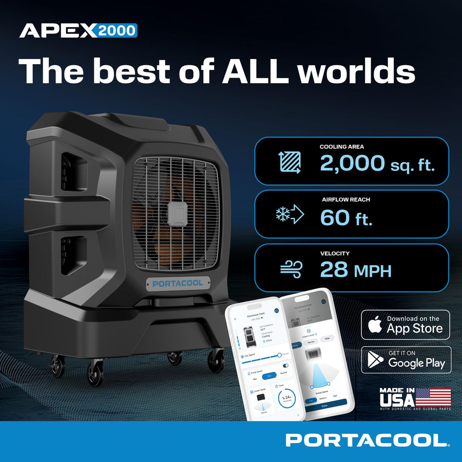 Apex 2000 Portacool (PACA20001A1) – Wi-Fi Enabled High Velocity Portable Evaporative Cooler for 2000 sq. ft. with up to 60-foot Reach, Programable, 45 Gallon Reservoir, Variable Speed