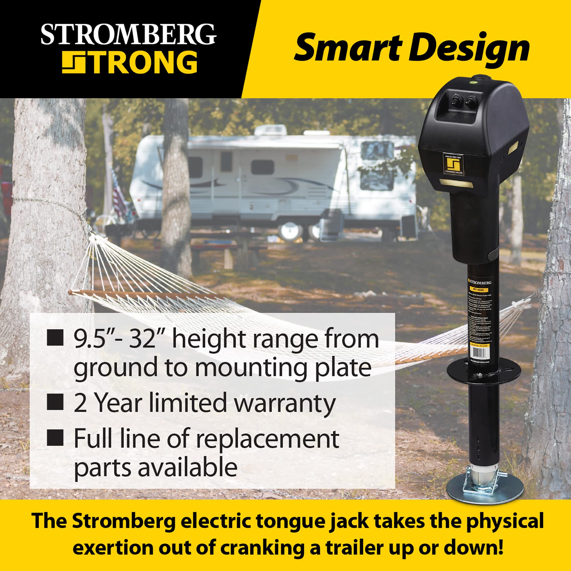 Stromberg Carlson Electric Tongue Jack JET-4500 - Heavy Duty Powered Jack with Ball Screw Mechanism, 18" Travel & 4.5" Drop Down Leg, Stabilizing, Leveling & Lifting RV, Campers, Trailers, 4500 lb