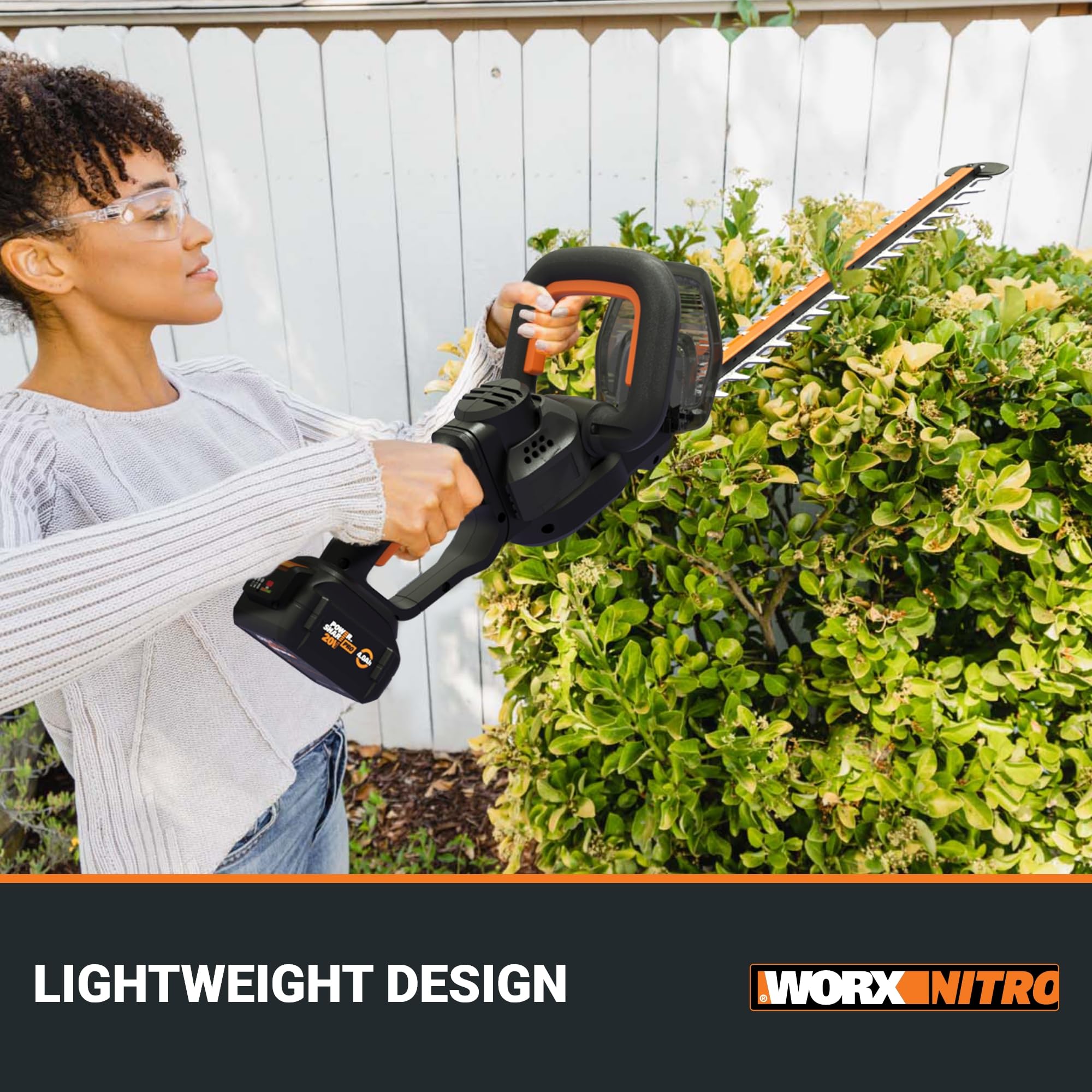 WORX 22" Nitro Cordless Hedge Trimmer, Electric Hedge Trimmer with Dual-Action Blades & 3400 SPM, Brushless Bush Trimmer Cuts Branches 1" Thick, 4.0 Ah Battery & Charger Included, WG263