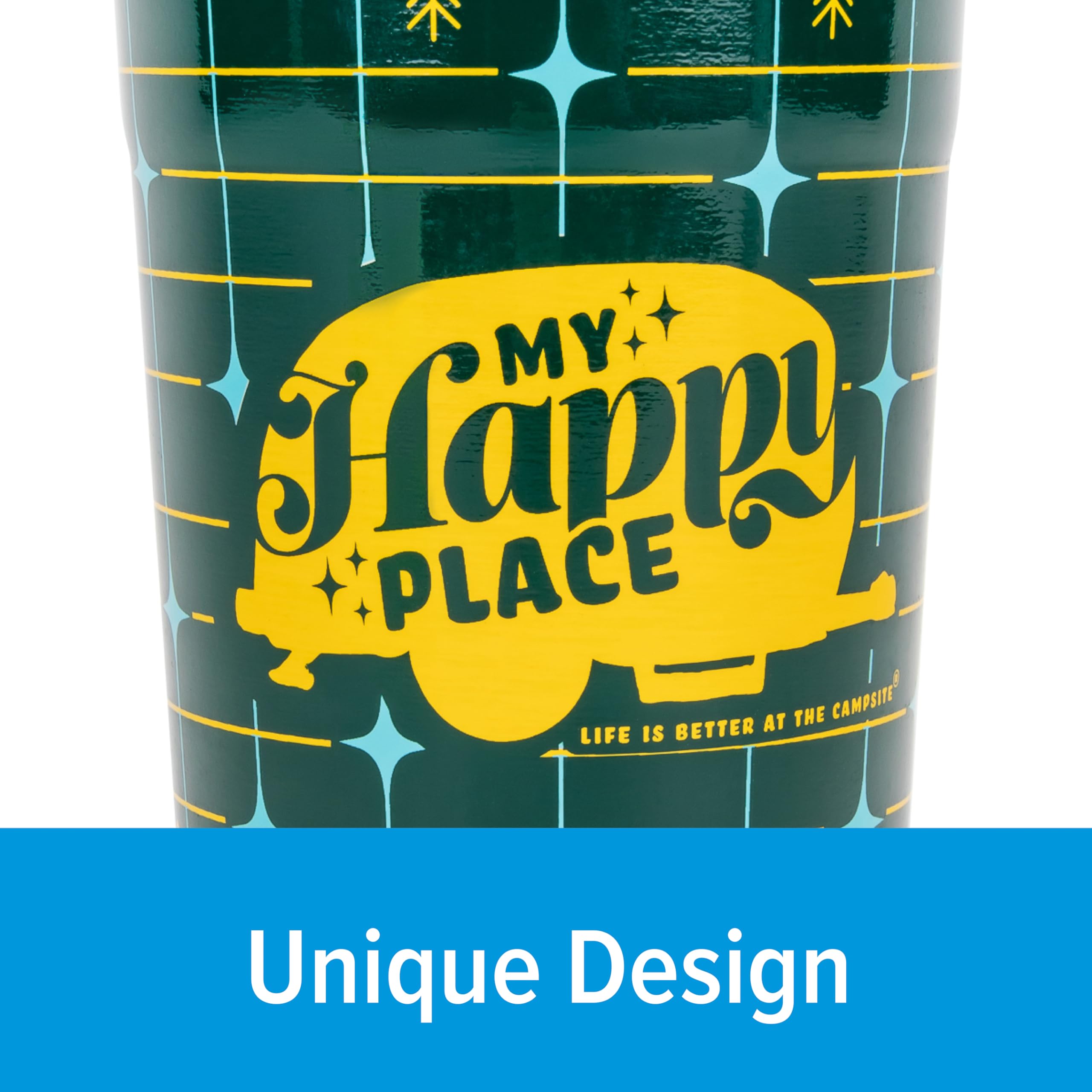 Wrapped Stainless Steel Tumbler Camco Life is Better at The Campsite - Features Double Wall Vacuum Insulation for Heat/Ice Retention & Unique My Happy Place Retro Plaid Design - Holds 20 oz. (53325)