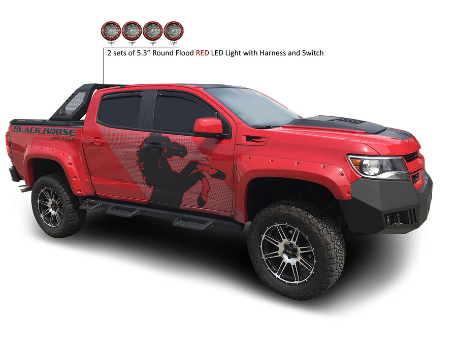 Vigor Black Horse Roll Bar Incl. Set of 5.3 in Dia.led Lights w/Red Trim Rings Modular Compatible with 2015-2024 Chevrolet Colorado|2015-2024 GMC Canyon-VIRB05B-PLFR