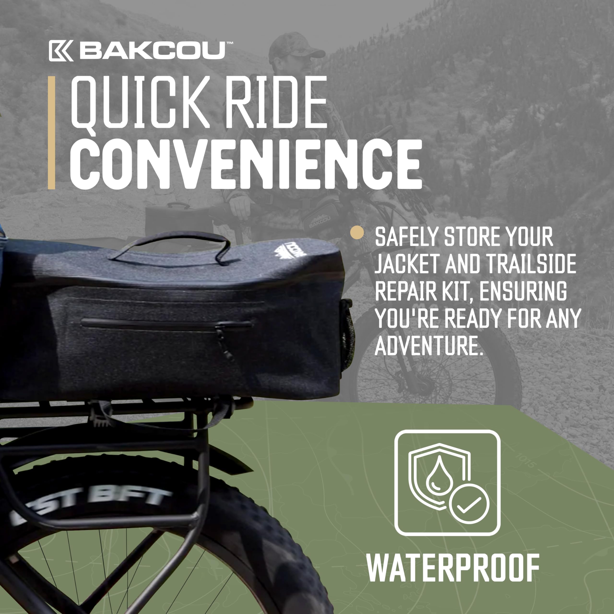Bakcou - Top Large Pannier Bag with 4 Quick Clamps - Waterproof, Tight Zipper, Internal Straps for Battery, Rain Gear, Repair Kit - 18.5x8x8 Inches