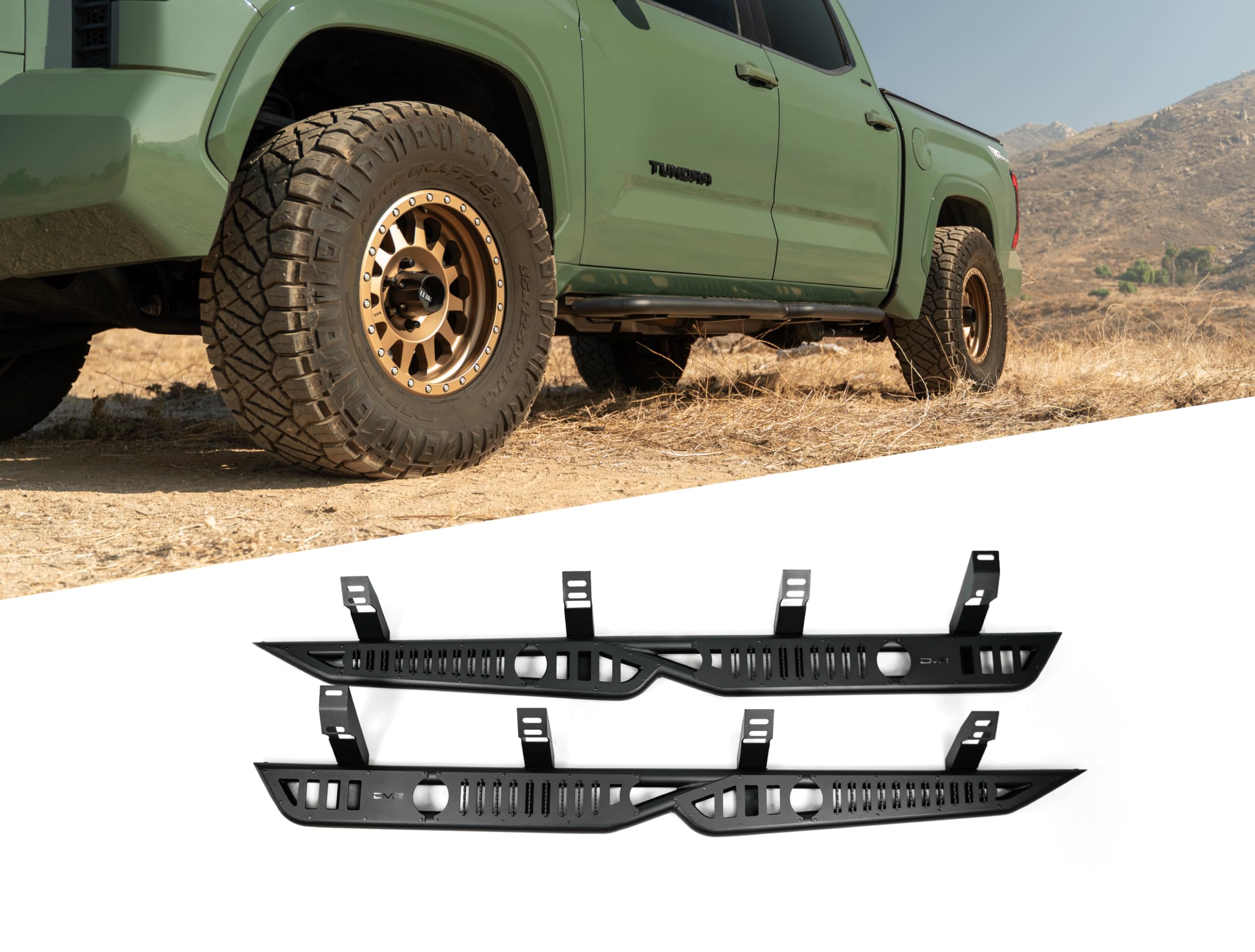 OE Plus DV8 Offroad Side Steps for 2022-2025 Toyota Tundra Crew Max | Anti-Slip Design | Mounts to Body/Pinch Weld | Provides Protection from Light Trail Debris | Fully Bolt-On Installation | Steel