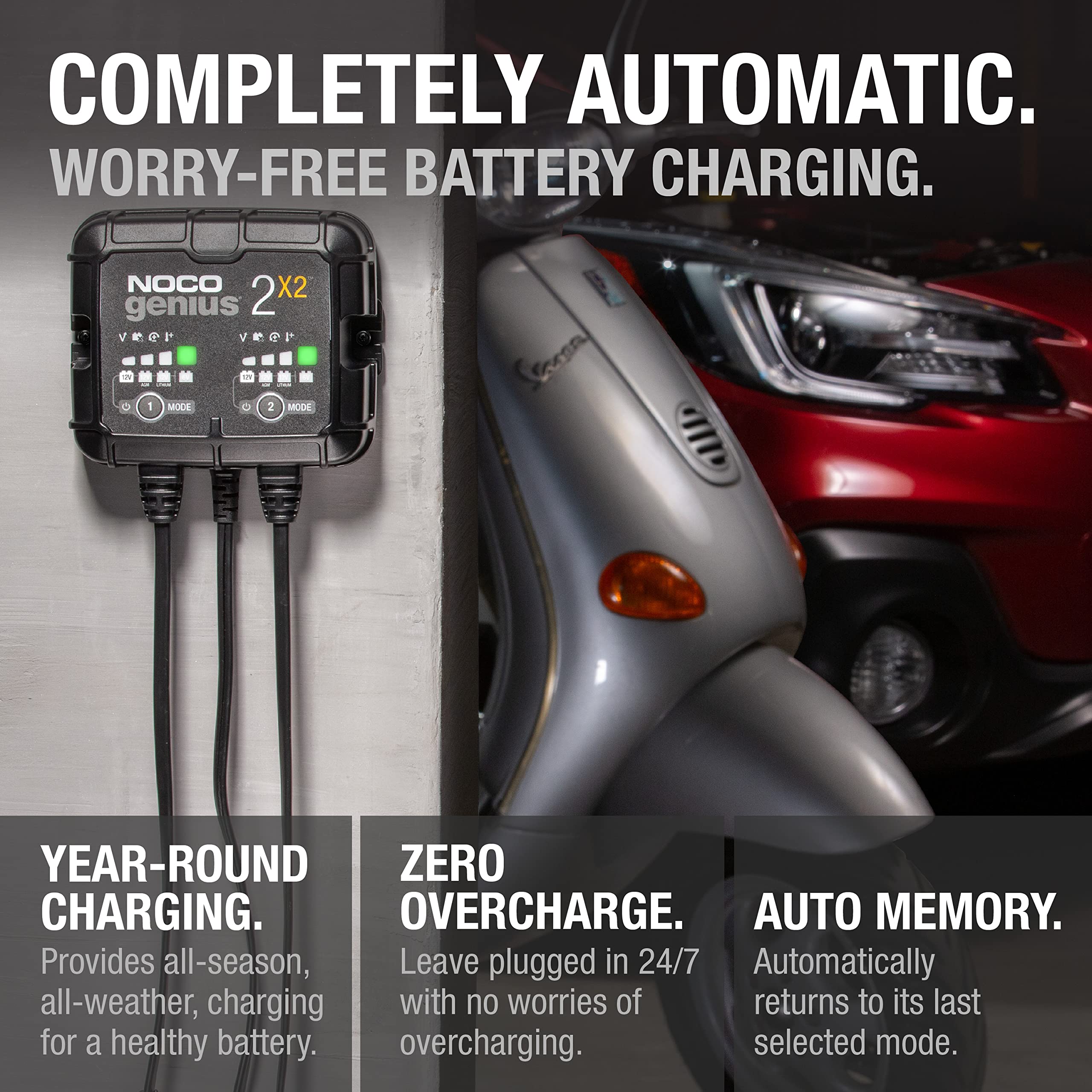 GENIUS2X2 NOCO: 4A 2-Bank Smart Battery Charger (2A/Bank) - 6V/12V Automatic Maintainer, Trickle Charger & Desulfator with Overcharge Protection & Temperature Compensation – for Lead-Acid & Lithium